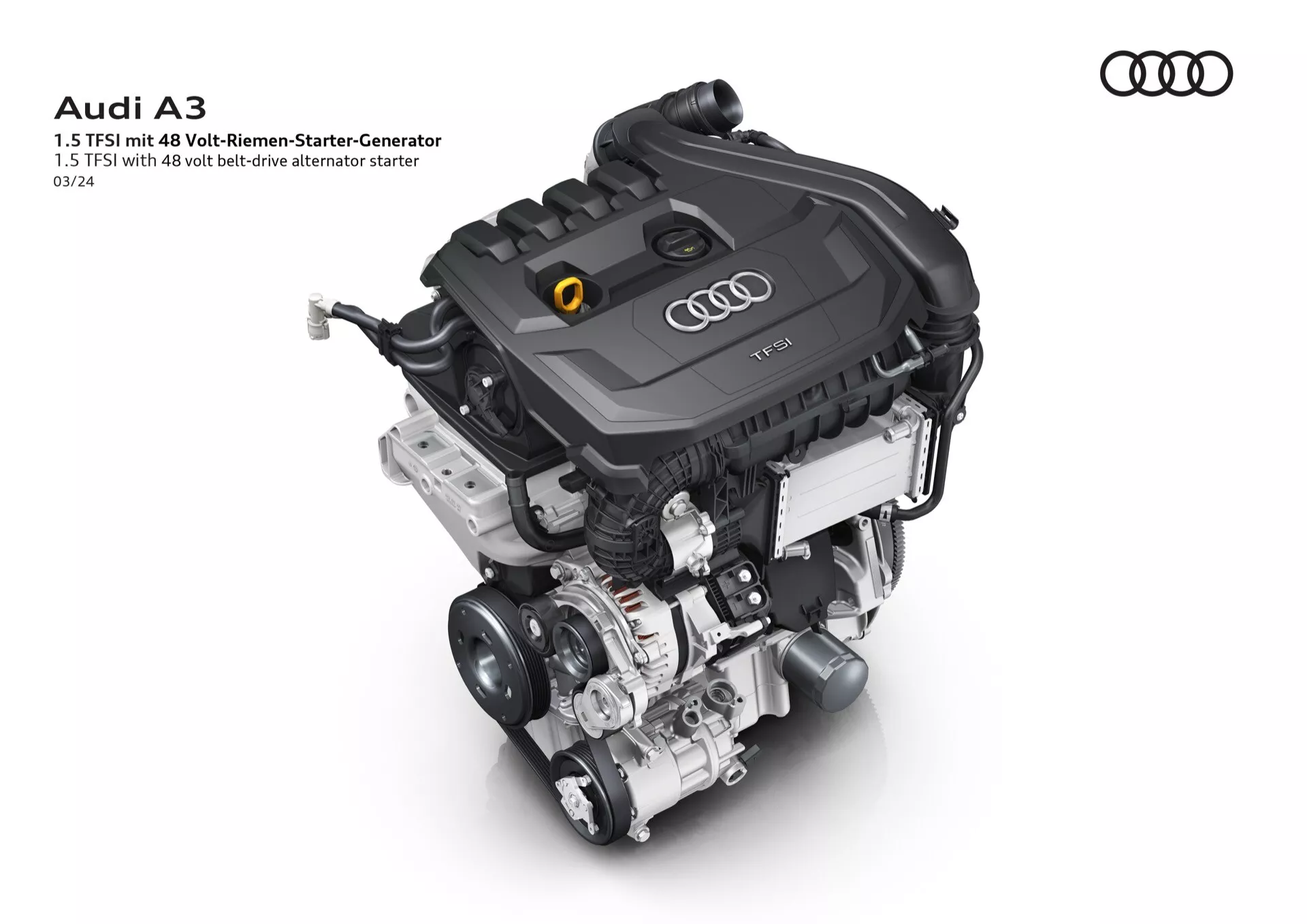 Photo haute résolution mettant en évidence les détails complexes du moteur de l'Audi A3 2024 (8Y-facelift), soulignant son ingénierie et sa conception de pointe