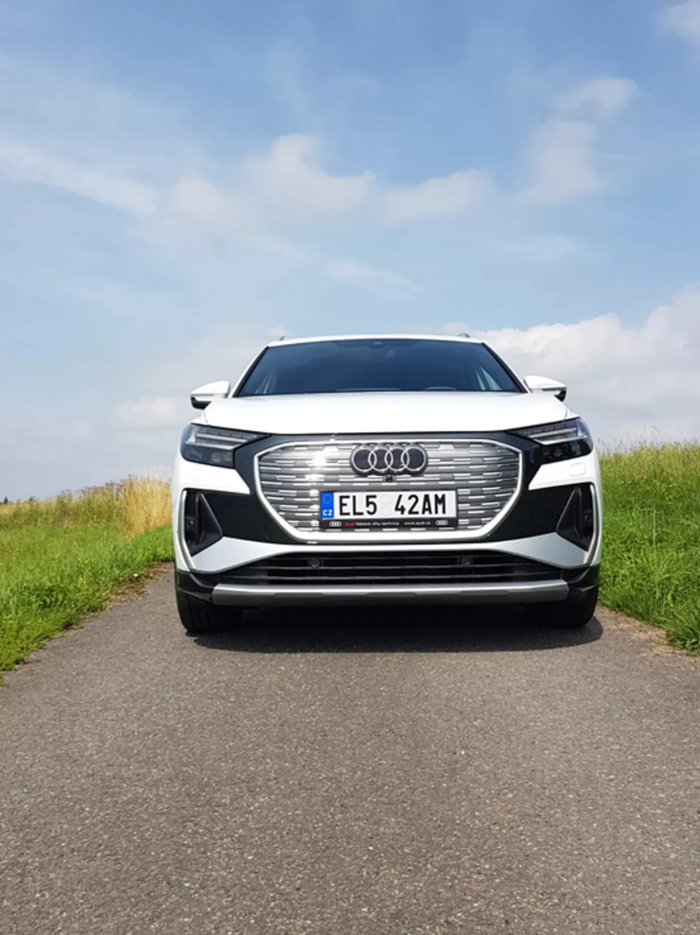 Vue de face centrée de l'Audi Q4 e-tron 2021 montrant une grande grille hexagonale avec l'emblème Audi, les phares LED, la plaque d'immatriculation européenne, les éventuels capteurs ADAS, les prises d'air, la peinture métallisée et les finitions chromées sous un ciel partiellement nuageux sur une route en asphalte bordée de gazon.