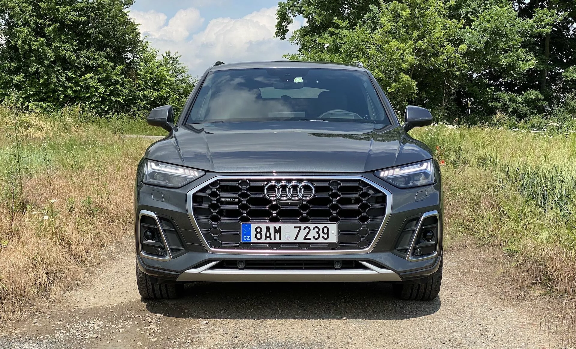 Vue avant d'un SUV Audi Q5 Sportback 2020 mettant en avant une calandre hexagonale Singleframe proéminente avec des lattes verticales chromées, l'insigne Audi centré, des phares Matrix LED acérés avec des feux de jour distinctifs, des prises d'air visibles avec un design à motifs, et un pare-chocs avant avec des feux antibrouillard intégrés et des lignes contourées. La voiture est positionnée sur une surface de terre ou de gravier, dans un cadre naturel et rural avec une lumière du soleil projetant des ombres, améliorant l'apparence élégante et sportive, ainsi que les caractéristiques technologiques avancées.