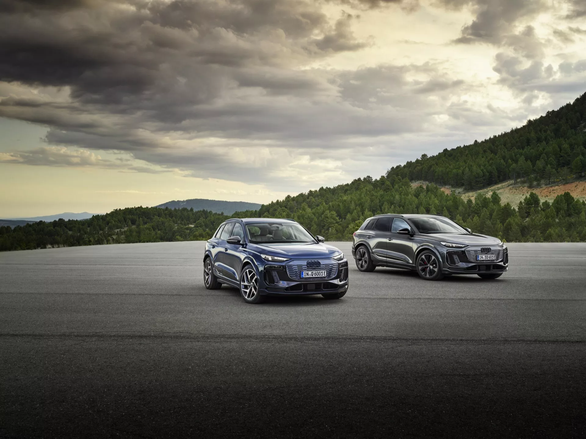 L'image montre deux SUV modernes, probablement du même fabricant, positionnés sur une surface asphaltée avec un paysage naturel en arrière-plan sous un ciel nuageux. Au premier plan, un véhicule sportif montre son quart avant gauche, y compris la grille, les phares, la roue avant gauche et la porte, une partie du pare-brise et le capot, soulignant les plis prononcés du capot et les phares LED sophistiqués. La deuxième voiture, légèrement derrière, est vue de son quart arrière droit, montrant le feu arrière côté passager, une partie du pare-chocs arrière et la roue arrière. La prise de vue en contre-plongée met en avant la stature et les détails de conception, suggérant luxe et performance avec de grandes grilles et des jantes haut de gamme, se concentrant sur l'esthétique extérieure et les technologies automobiles modernes.