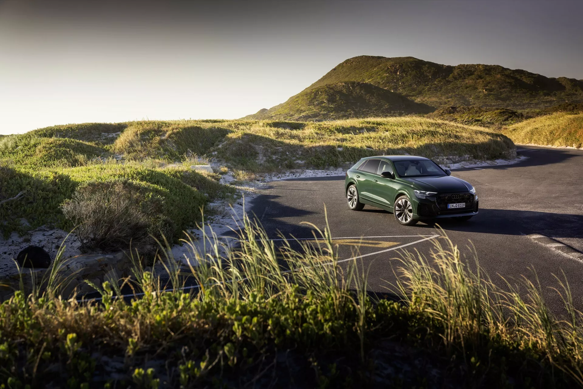 SUV Audi Q8 2023 (4M-facelift) garé sur une route côtière au milieu des dunes de sable et de l'oyat, éclairé par la lumière de l'heure dorée, montrant la calandre avant, l'ensemble de phares et le design aérodynamique