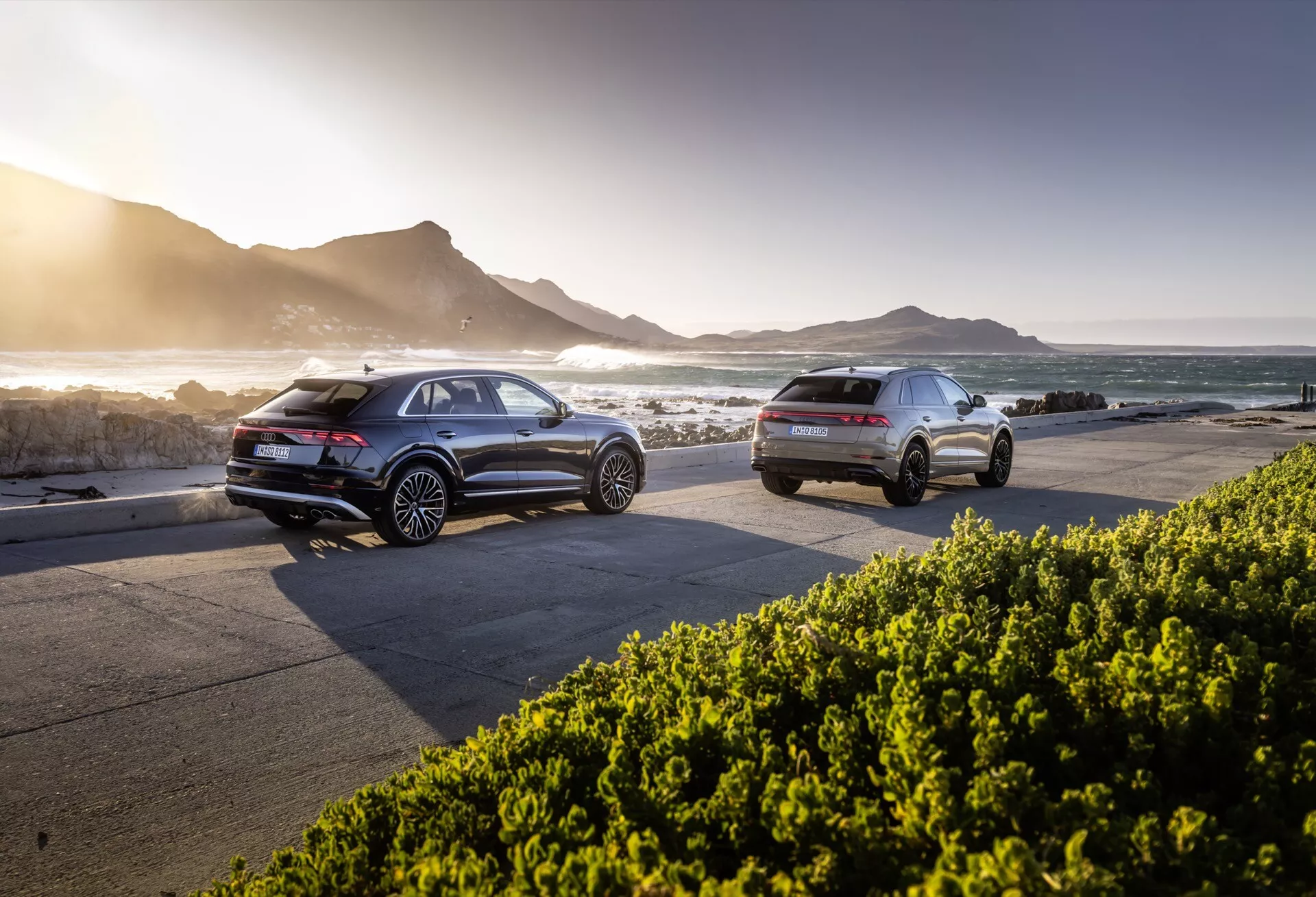 Modèles Audi Q8 4M-Facelift 2023 garés côte à côte sur une route côtière au coucher du soleil, présentant des profils arrière et latéral, des technologies avancées, et un décor pittoresque d'océan et de montagnes