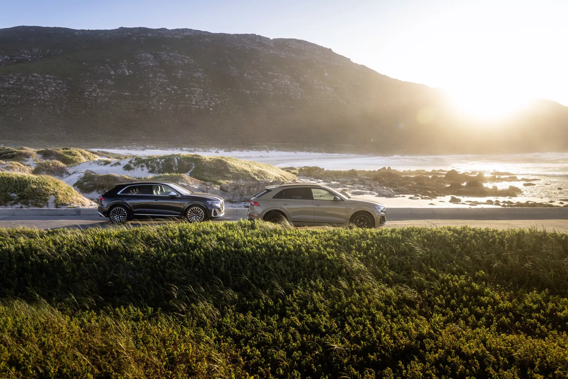 SUV et berline Audi Q8 4M-Facelift 2023 garés lors du lever ou coucher du soleil avec océan et littoral rocheux en arrière-plan, mettant en évidence une lueur chaleureuse et des reflets lumineux, démontrant leurs conceptions aérodynamiques, feux arrière LED et surfaces réfléchissantes
