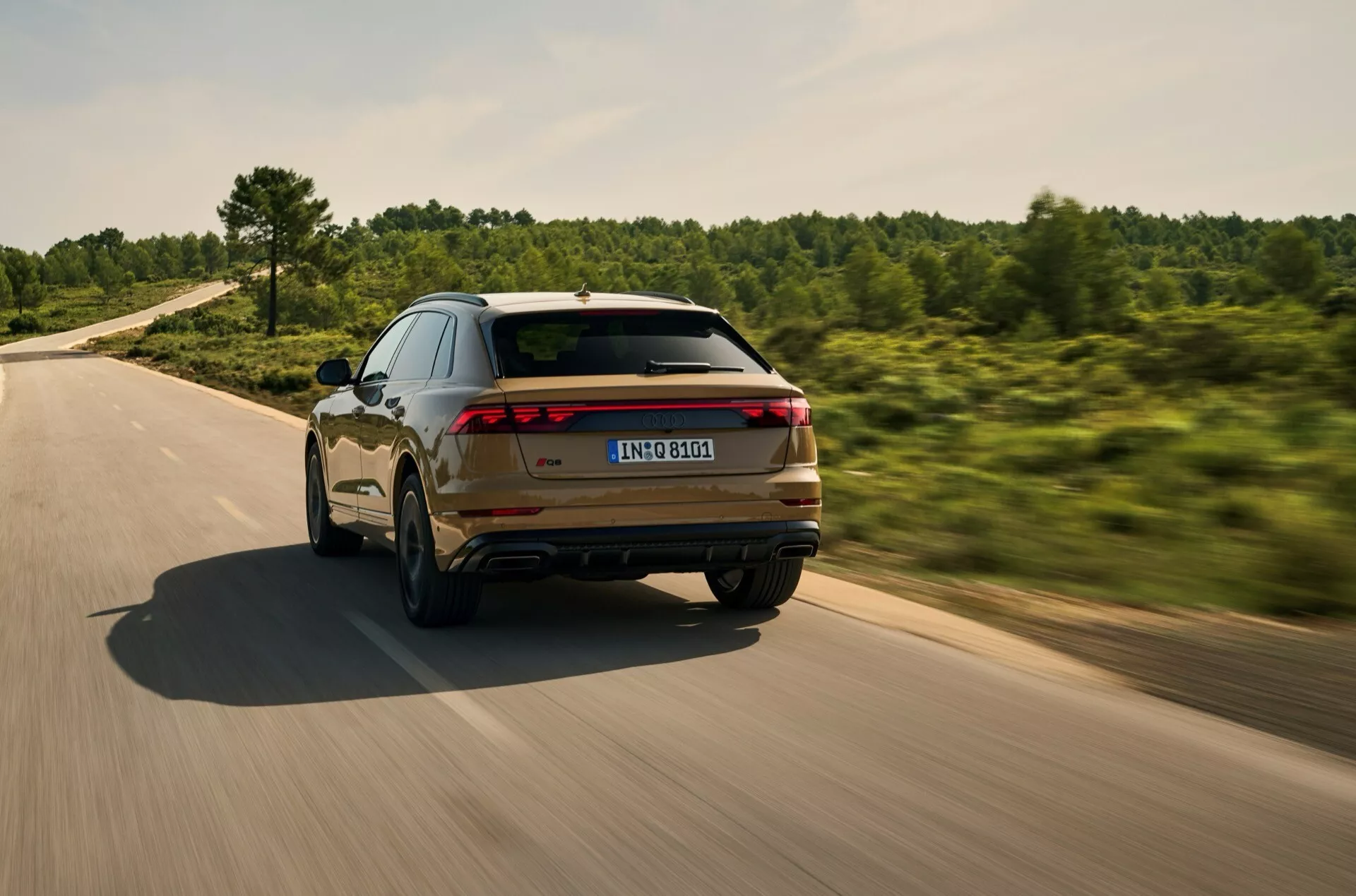 Audi Q8 2023 (4M-Facelift) s'éloignant sur une route, présentant un angle arrière avec bande lumineuse continue, lunette arrière fortement inclinée, becquet de toit et flou de mouvement sur les roues en alliage, entourée de verdure.
