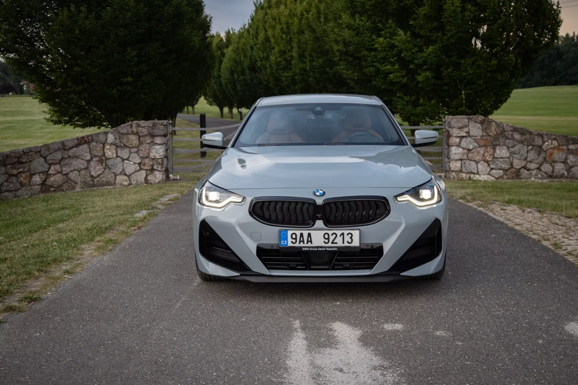 Vue de face de la BMW Série 2 Coupé 2022 dans un espace extérieur paysagé avec la grille distinctive de la marque, des phares LED élégants et un capot au design aérodynamique, mettant en valeur son design moderne et ses caractéristiques technologiques, y compris les capteurs potentiels pour les systèmes avancés d'assistance au conducteur.