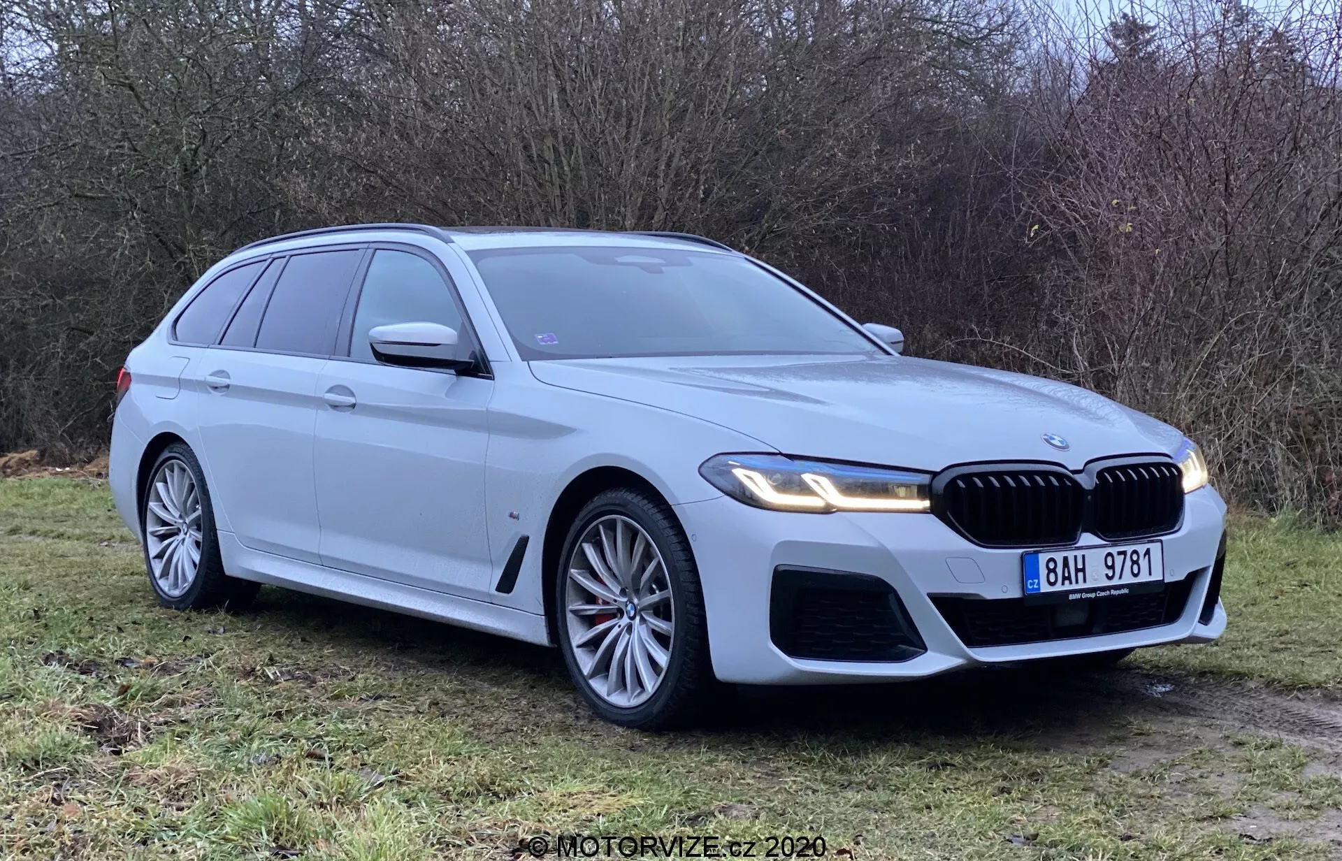 BMW Série 5 Touring 2020 argentée garée sur l'herbe, vue sous un angle avant trois-quarts montrant la calandre, les phares et le design aérodynamique. Caractéristiques des phares à LED, grandes jantes en alliage, calandre en forme de reins et capteurs de stationnement. Propre et neuf, mettant en valeur le badge BMW, les clignotants intégrés, les barres de toit et l'antenne aileron de requin.