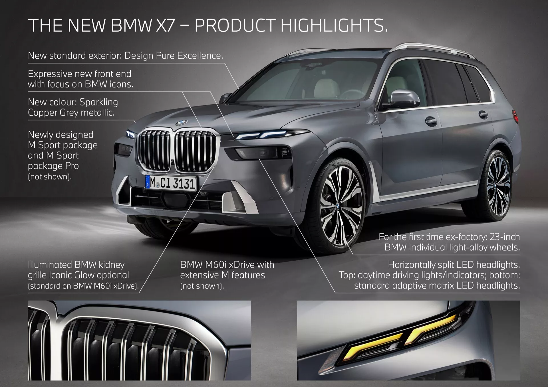 Exploration détaillée de la BMW X7 2022 (restylage G07) présentant une vue de trois quarts avant en gris métallisé Sparkling Copper Grey, mettant en avant la grille rénale illuminée, les phares matriciels LED adaptatifs, les jantes en alliage léger individuelles BMW de 23 pouces et l'excellence du design.