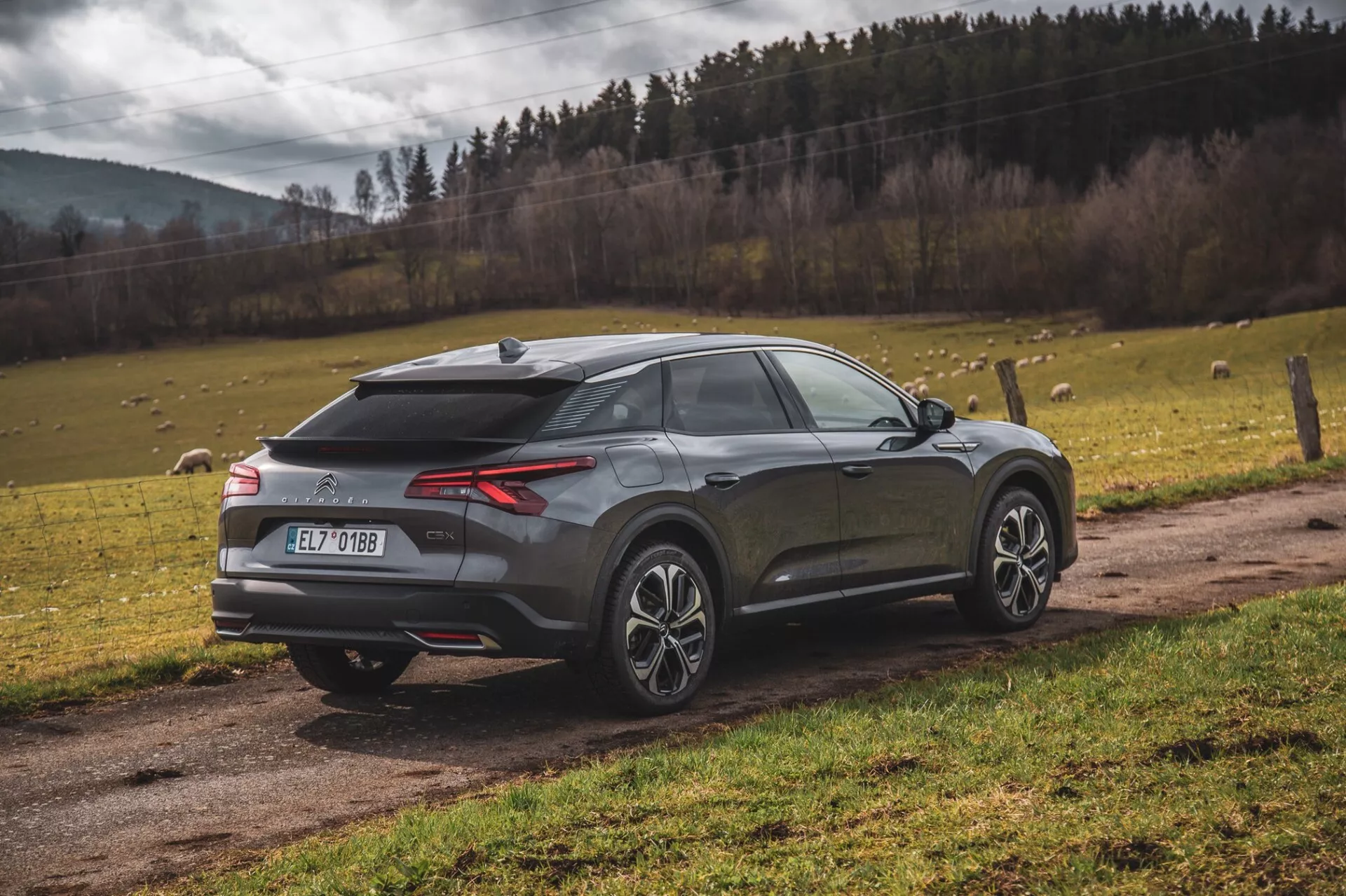 SUV crossover moderne Citroen C5-X 2022 garé en plein air, vue de trois quarts arrière mettant en évidence les feux arrière LED, le diffuseur arrière, les capteurs de stationnement ou la caméra, l'antenne aileron de requin, les roues en alliage bicolores, la fenêtre arrière inclinée, le spoiler intégré et la finition métallique, sur fond de paysage naturel