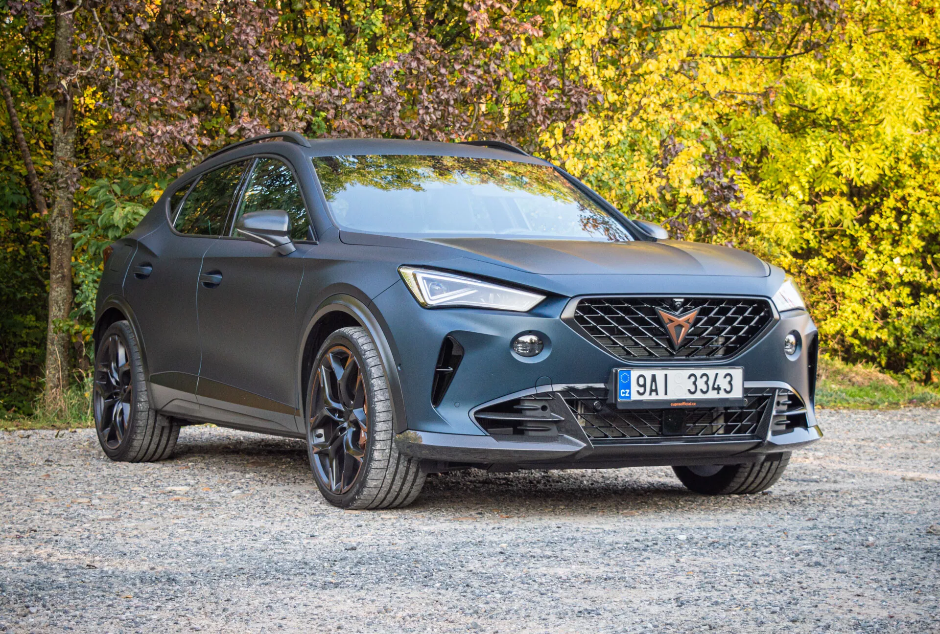Cupra Formentor 2020 garée sur une surface en gravier avec feuillage d'automne en arrière-plan, montrant son extérieur gris mat, calandre distinctive, phares LED et garnitures noires sportives