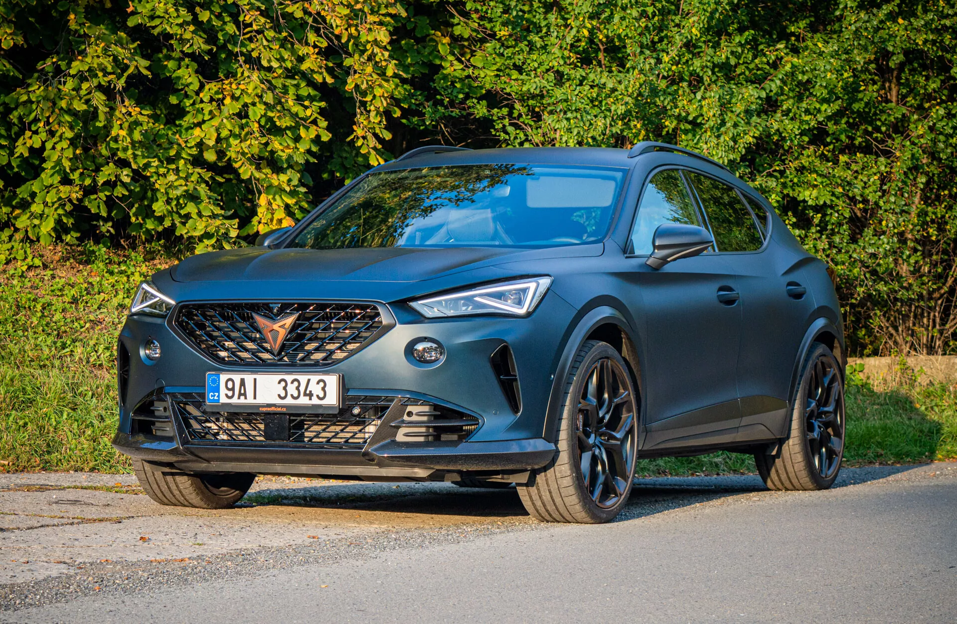 Cupra Formentor crossover/SUV 2020 garée sur l'asphalte à côté d'un parc sous une lumière du jour claire avec des reflets naturels sur sa finition mate foncée, présentant son design aérodynamique, calandre distinctive avec badge central, phares LED angulaires, prises d'air intégrées sur le pare-chocs avant et jantes en alliage peintes en noir sportives.