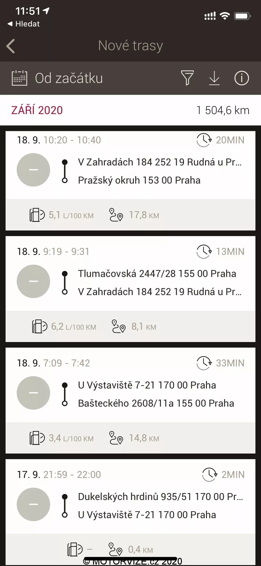 Interface de smartphone affichant un journal de voyage et l'écran d'une application de navigation avec les itinéraires, dates, heures et distances en tchèque. Des icônes pour autobus, marche et tramway mettent en avant les modes de transport suggérés dans Prague.