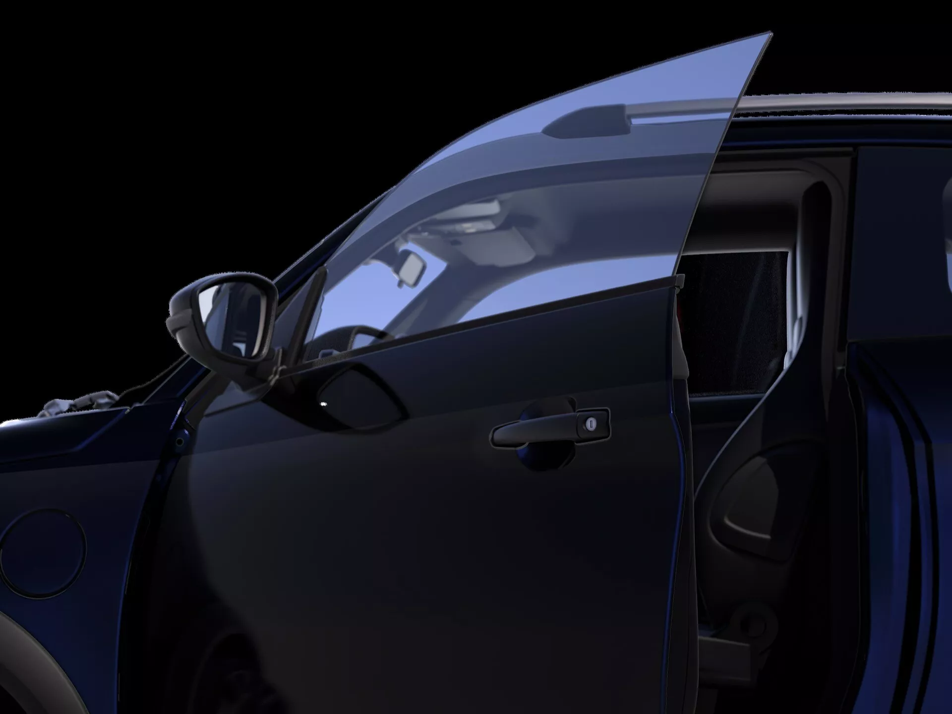 Vue rapprochée et en angle bas de l'Ego-Mobile Ewave-X 2022 (1ère génération) se concentrant sur la porte conducteur ouverte avec le rétroviseur latéral visible, le haut de l'arche de la roue avant et les commandes intégrées des vitres et des rétroviseurs sur le panneau intérieur de la porte. Éclairage en studio qui accentue le design élégant de la voiture sur un fond noir.