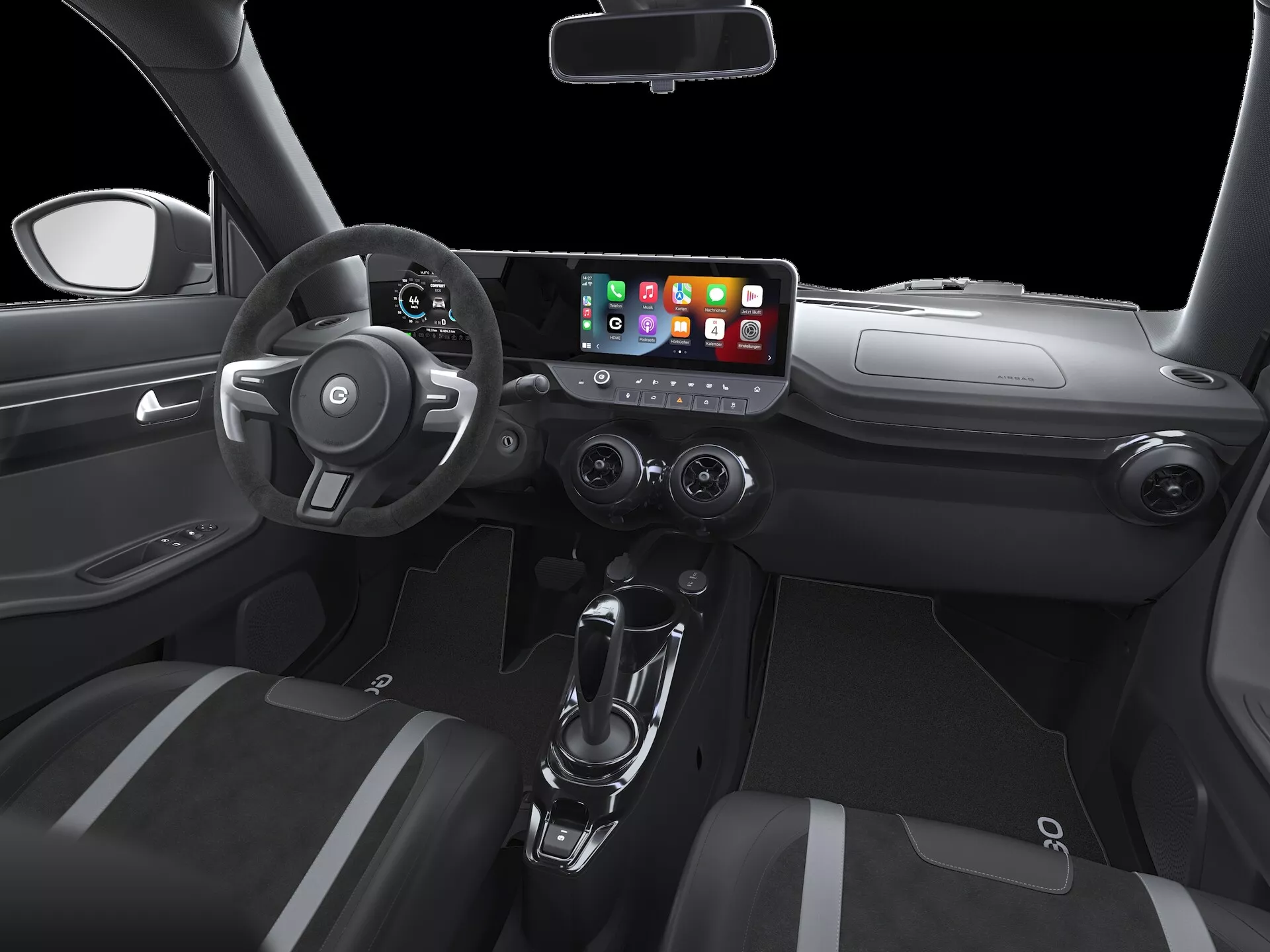 Vue intérieure de l'ego-mobile ewave-x 2022 première génération, focalisée sur le côté conducteur depuis la perspective centrale. Les caractéristiques comprennent un tableau de bord élégant avec un écran central d'infodivertissement affichant l'intégration des smartphones (possiblement Apple CarPlay ou Android Auto), trois bouches d'aération circulaires avec des accents métalliques, un volant à trois branches avec des boutons de contrôle pour le régulateur de vitesse, l'audio et la commande vocale, une transmission automatique avec sélecteur de vitesses et porte-gobelets dans la console centrale, et des commandes de vitres électriques sur la porte du conducteur. Design moderne et minimaliste mis en valeur par un éclairage studio.