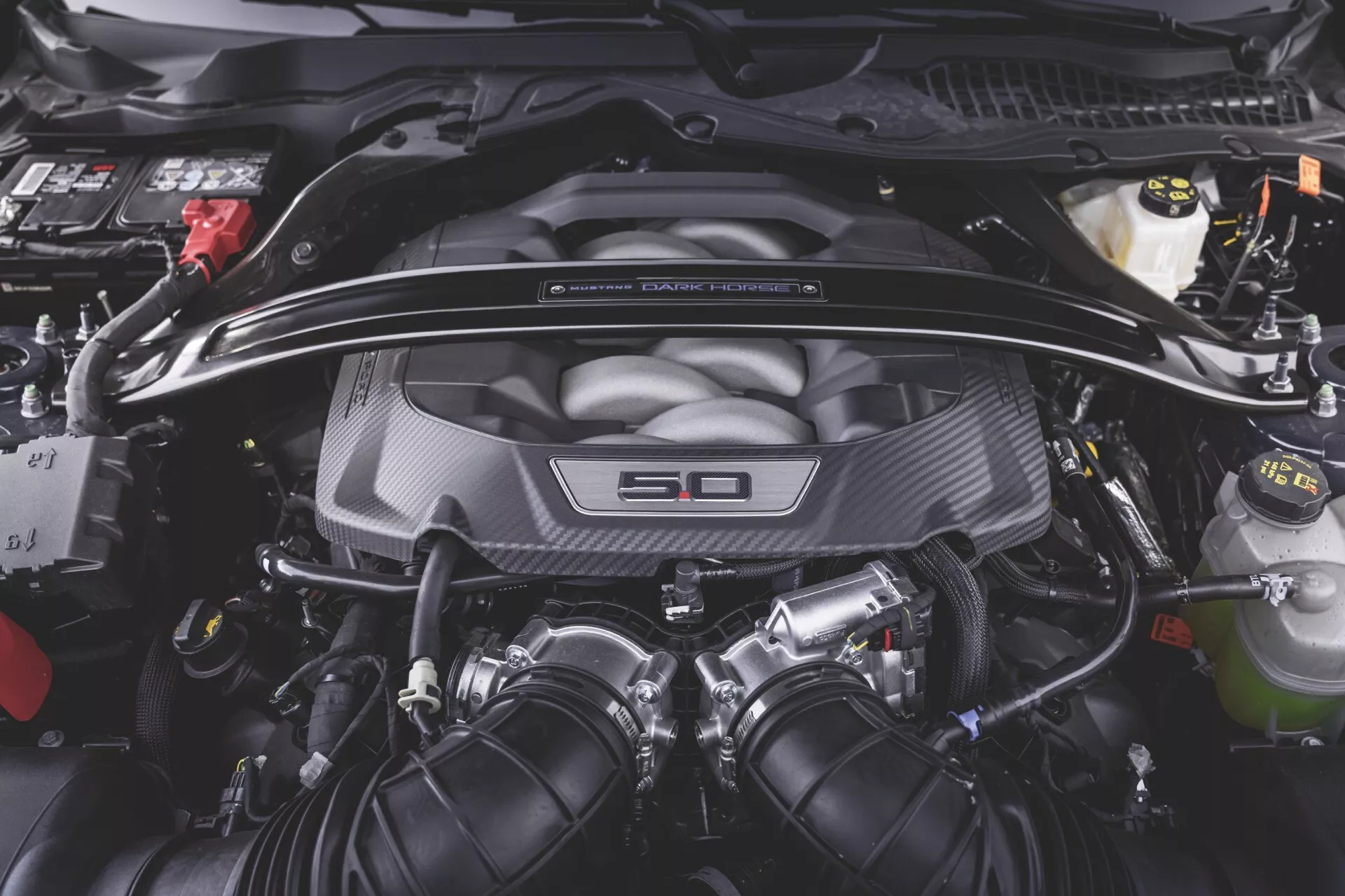 Vue rapprochée du compartiment moteur de la Ford Mustang 2ème génération 2024 avec moteur V8 de 5,0 litres, couvercle du moteur en fibre de carbone, réservoirs de fluide et câblage électrique