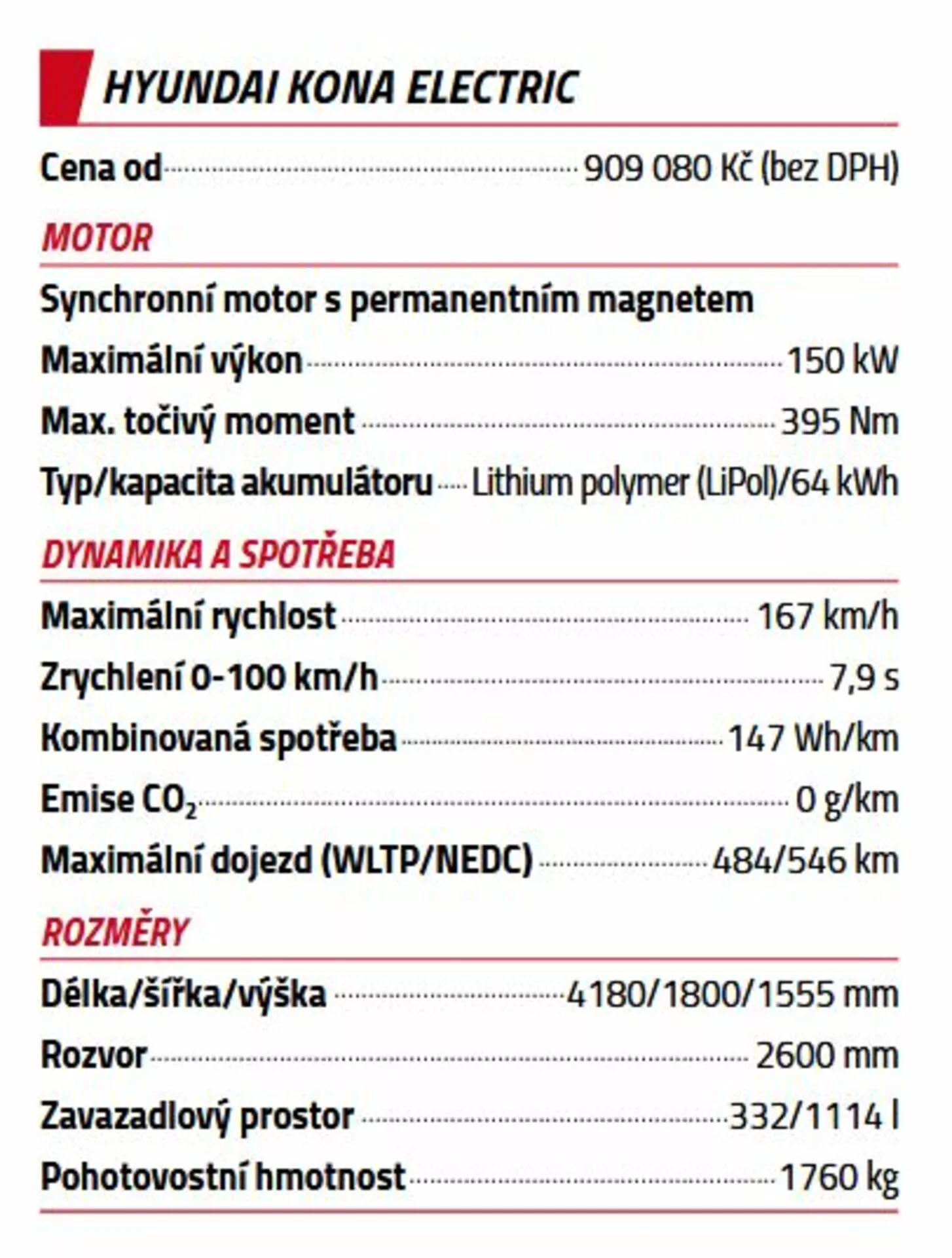 Fiche technique détaillée pour le Hyundai Kona Électrique 2021, mettant en évidence le prix, les spécifications du moteur, la dynamique, la consommation et les dimensions dans un format de tableau rouge et blanc
