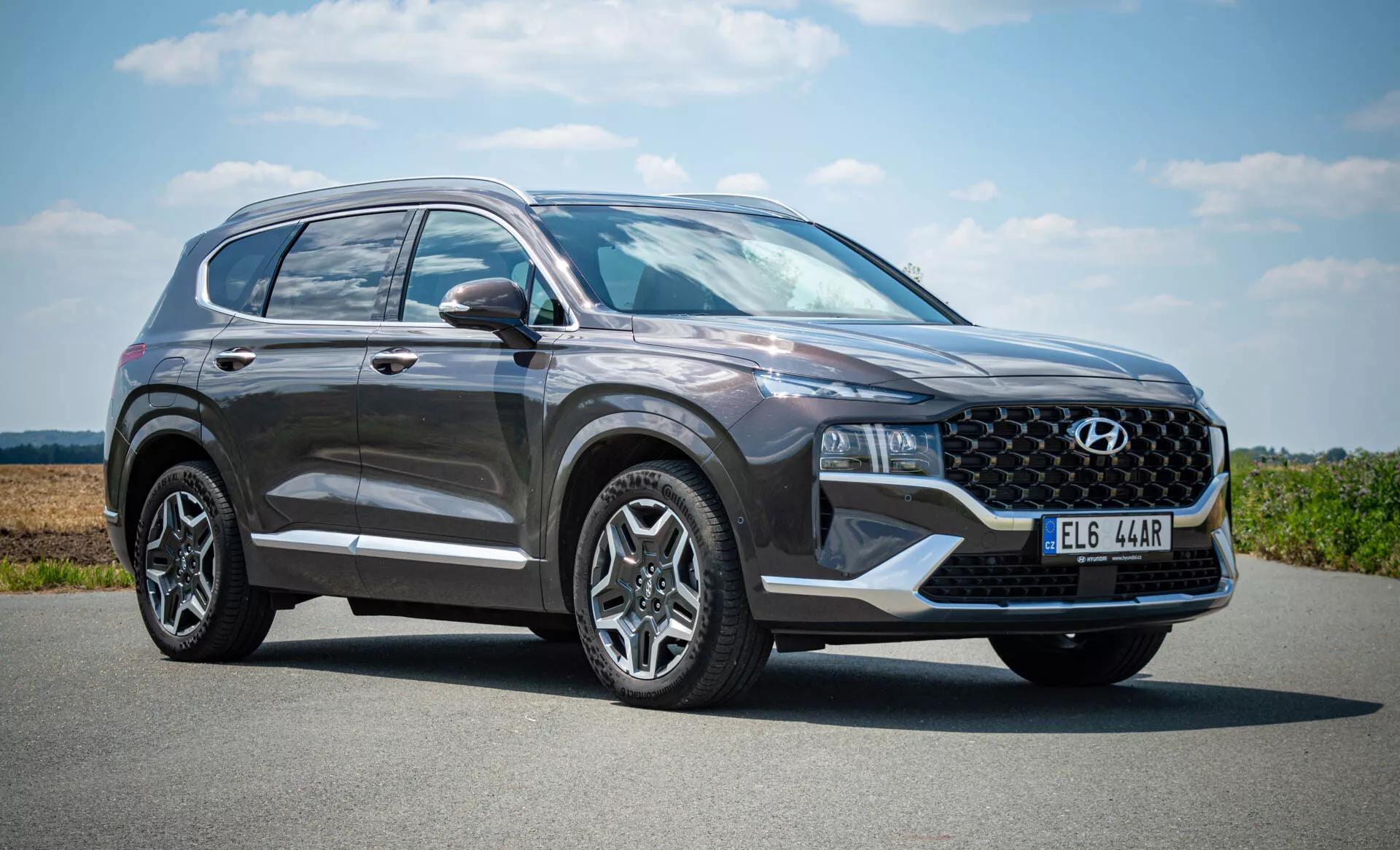 Hyundai Santa Fe 2020 SUV garé sur une surface plane sous un ciel clair avec de la verdure au loin. La vue du quart avant-gauche met en valeur sa calandre proéminente, ses phares LED élégants, son pare-chocs avant, la porte du conducteur, les rétroviseurs extérieurs avec clignotants intégrés, les roues en alliage et une partie de la vitre arrière et du feu arrière. La finition métallique de la voiture de couleur foncée est mise en valeur par la lumière naturelle, suggérant une journée ensoleillée.
