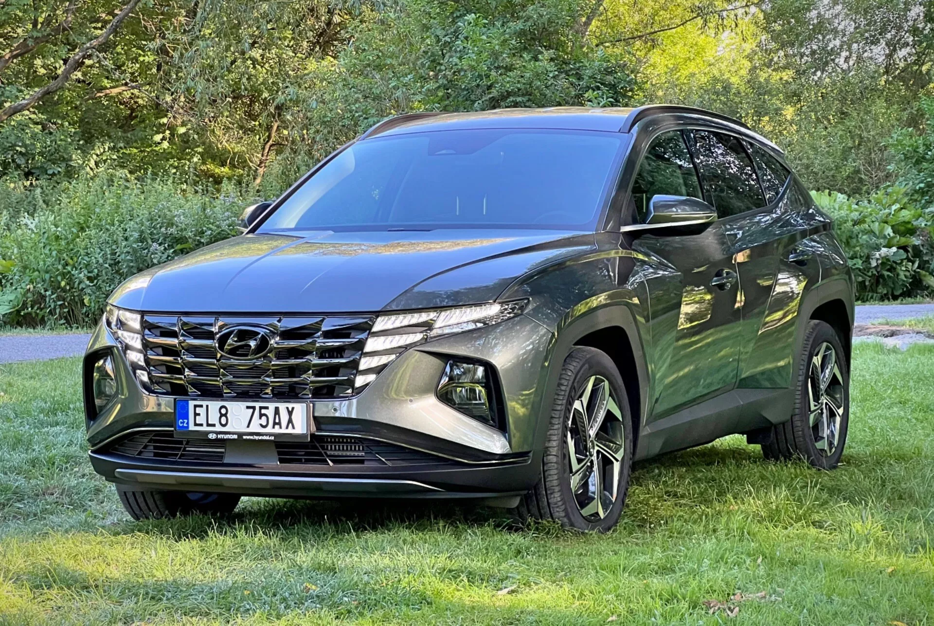 SUV Hyundai Tucson 2020 garé sur l'herbe avec des arbres en arrière-plan mettant en évidence la grille avant, les phares LED et les roues en alliage