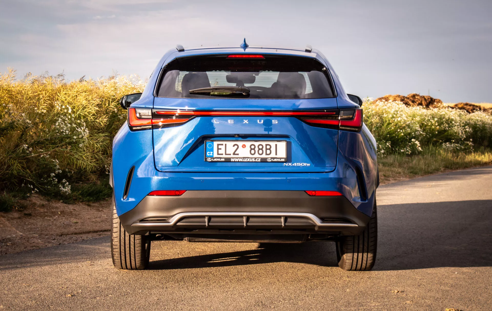 Vue arrière d'un Lexus NX bleu de 2021 sous un angle bas soulignant la construction solide et les caractéristiques de conception telles que les feux arrière LED, le pare-brise arrière, le becquet, le marquage distinct, le pare-chocs arrière avec diffuseur, les capteurs de stationnement, les réflecteurs et les doubles échappements, sur un fond naturel sous un ciel clair.