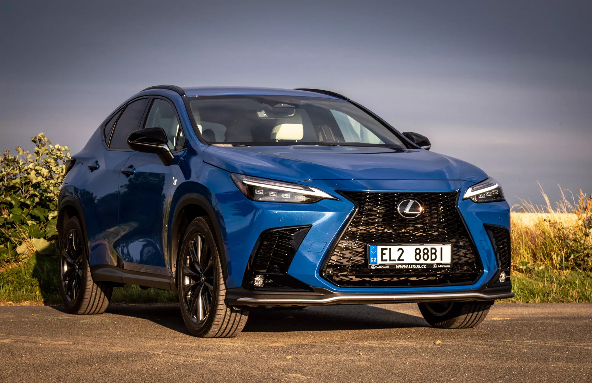 Photo en contre-plongée d'un SUV Lexus NX bleu 2021 montrant la grille avant avec design en fuseau, phares LED, jantes en alliage noir et clignotants intégrés sur le rétroviseur latéral, mettant en évidence ses caractéristiques de luxe et de performance.