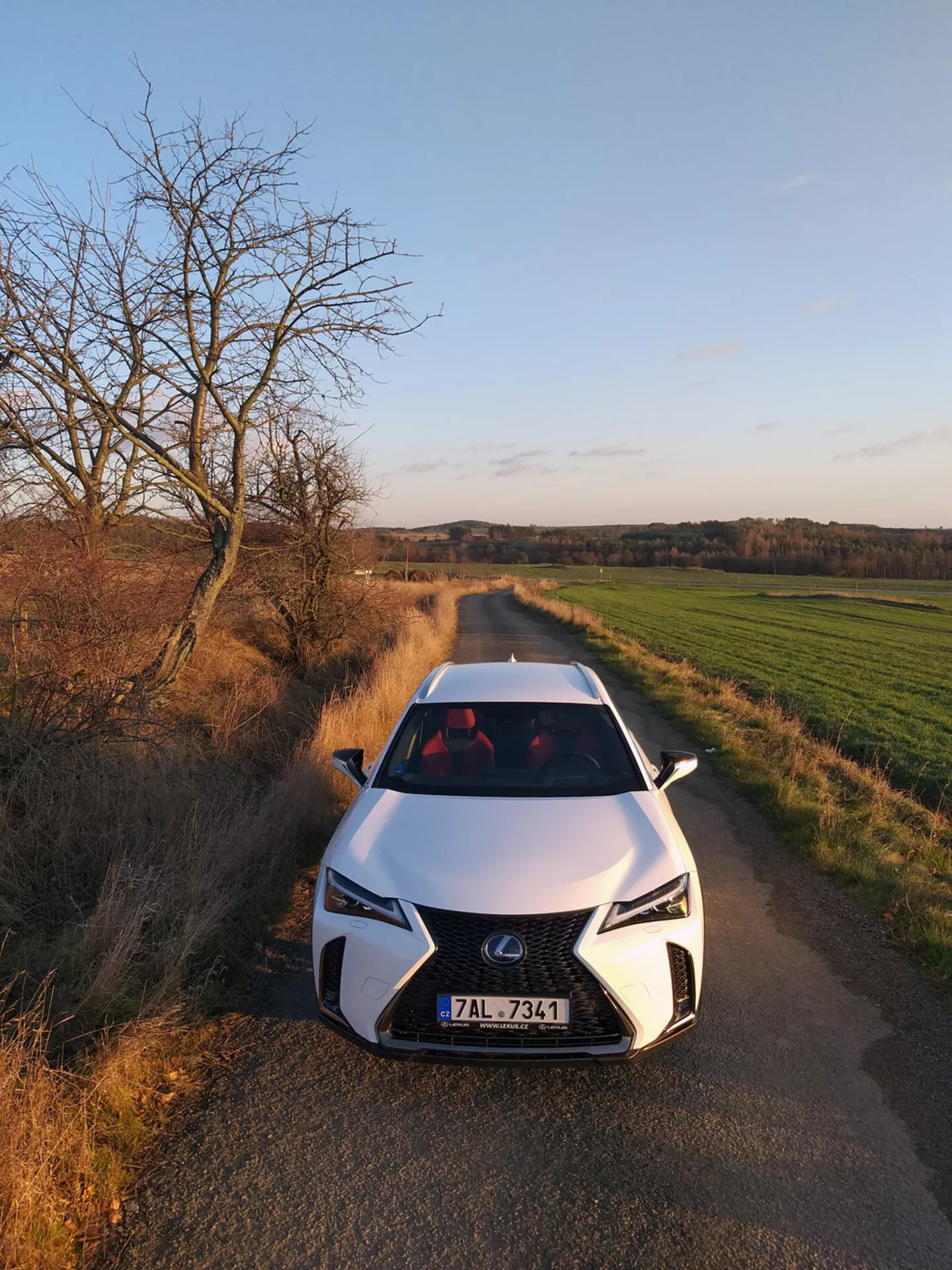 Lexus UX 2019 vue sous un angle frontal élevé sur une route de campagne, présentant la grille en forme de fuseau, les phares à LED et le design aérodynamique du capot évoquant une technologie automobile avancée.