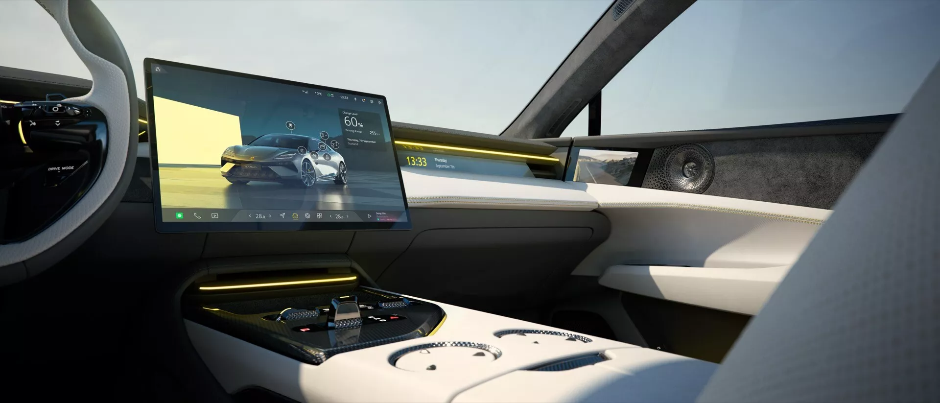 Vue intérieure de la Lotus Emeya 2024, montrant le tableau de bord, les commandes tactiles et le cluster d'instruments numérique depuis la perspective du conducteur