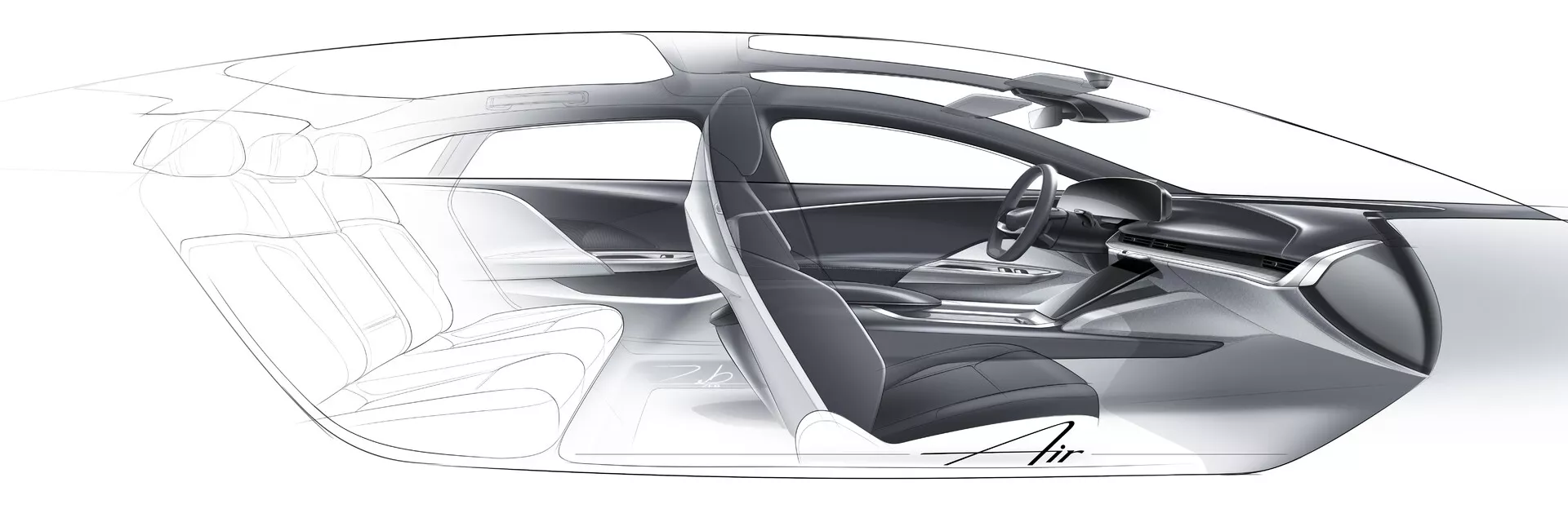 Vue de profil latéral transparent conceptuel d'un véhicule Lucid Air 2022 de première génération, montrant la structure interne et la disposition avec une configuration à quatre sièges, une cabine spacieuse, volant et tableau de bord minimalistes, absence de montant B traditionnel, probablement entraînement électrique, structure rigide légère et efficacité aérodynamique.