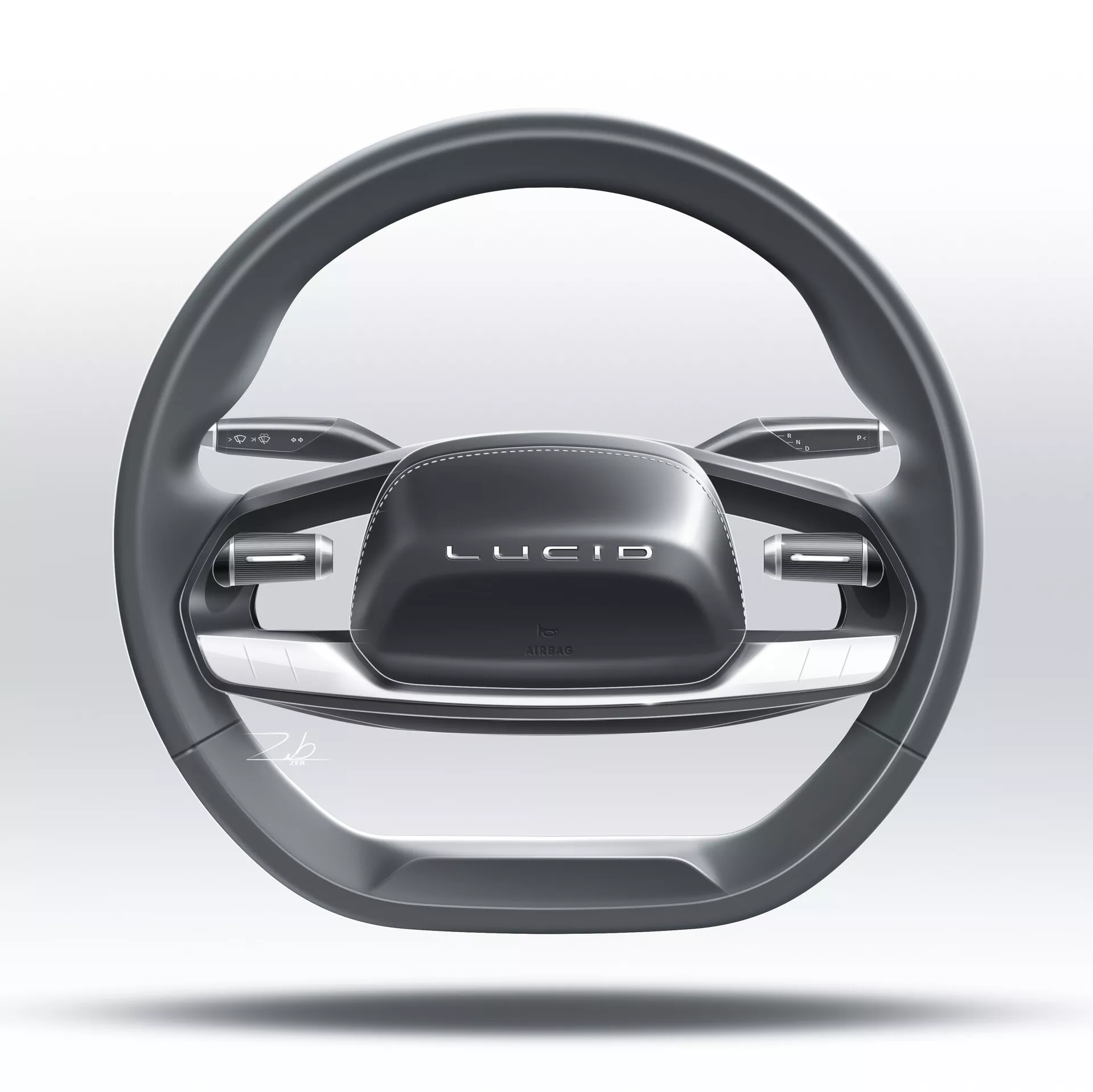 Gros plan sur le volant moderne et luxueux de la Lucid Air 2022, doté d'un design minimaliste à deux branches avec des contours ergonomiques pour améliorer la prise en main, des panneaux tactiles interactifs et des boutons pour les fonctions de la voiture. L'image est centrée sur le volant, mettant en valeur l'esthétique haut de gamme avec sa finition métallique et le logo 'LUCID', sur un arrière-plan flou grisâtre blanc.