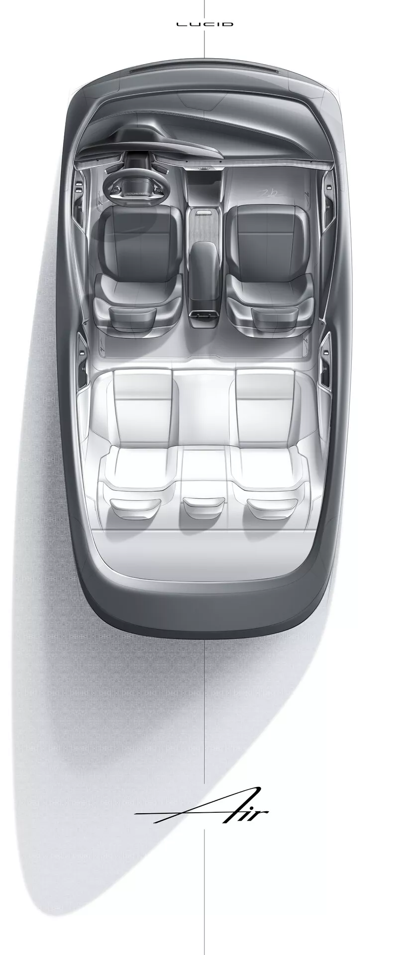 Vue aérienne de l'intérieur de la Lucid Air 2022 première génération, illustrant une configuration de sièges à deux rangées avec des sièges individuels à l'avant, une console centrale et un design spacieux et luxueux axé sur la symétrie et le confort.