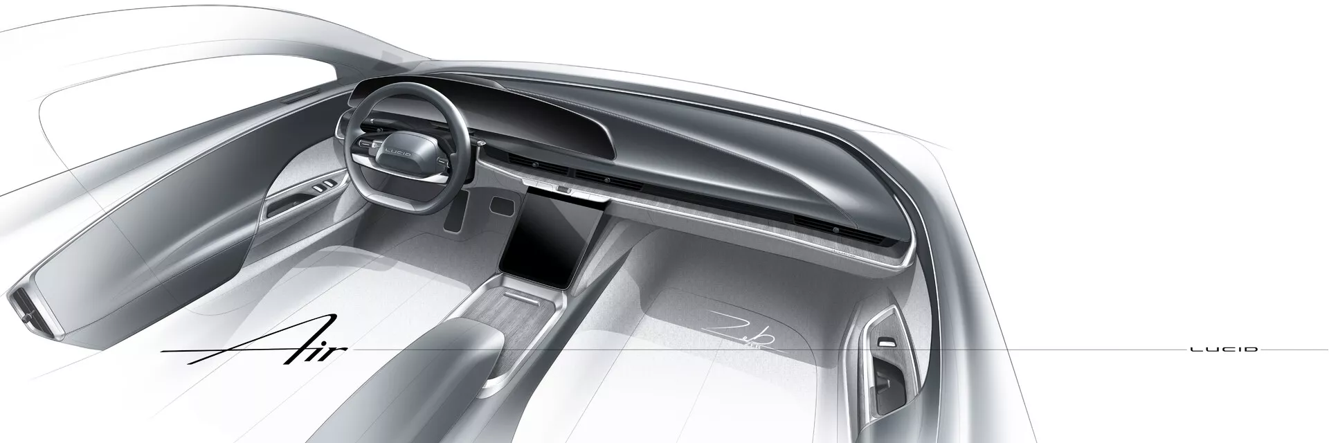 Esquisse conceptuelle ou image rendue numériquement de l'intérieur de la Lucid Air 2022 (1ère génération), vue du côté passager. Présente un tableau de bord élégant, un design minimaliste, des écrans numériques derrière le volant et sur la console centrale, un volant circulaire moderne avec commandes intégrées, et l'inscription 'Air' sur le tableau de bord. Schéma de couleurs monochromatique avec des nuances de gris, indiquant un véhicule électrique de luxe futuriste avec des interfaces de contrôle avancées.