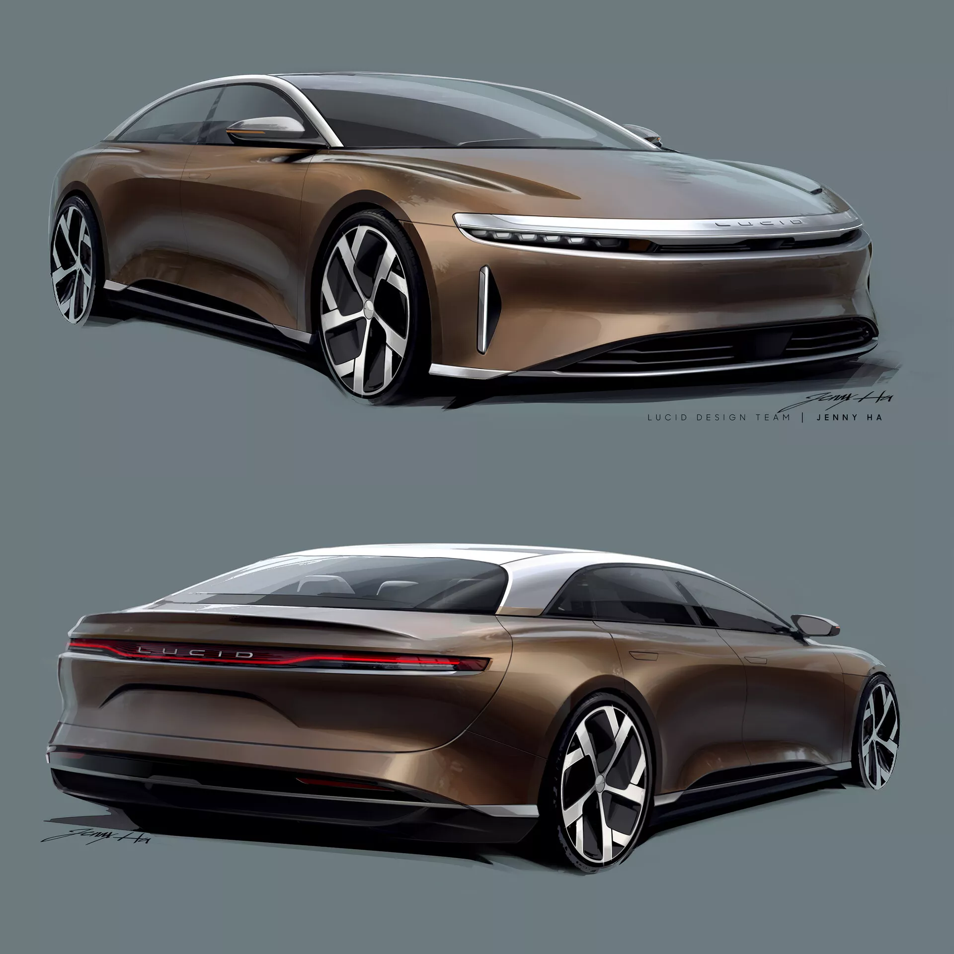 Deux vues angulaires d'une voiture Lucid Air 2022 dans un rendu numérique. La moitié supérieure montre le côté avant gauche avec un design dynamique et aérodynamique, comportant un long capot, une calandre fermée, des phares fins et de grandes jantes en alliage à plusieurs rayons. La moitié inférieure montre le côté arrière droit avec un profil fastback lisse, des feux arrière fins, une barre lumineuse et sans sorties d'échappement. La voiture met en avant une esthétique élégante avec luxe moderne et technologie avancée de propulsion électrique.