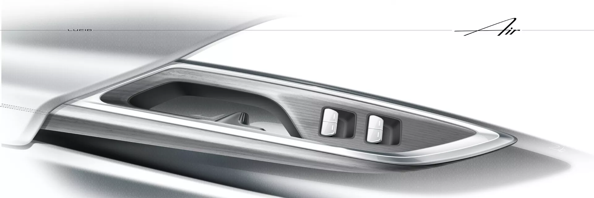 Vue en gros plan de la zone de la porte et du panneau de contrôle de la Lucid Air 2022 (première génération), soulignant le design intérieur et les fonctionnalités avec un style moderne et élégant. L'image se concentre sur la partie supérieure du panneau intérieur de la porte, présentant un panneau de contrôle encadré de métal ou de chrome avec un design ergonomique. Des boutons de commande des fenêtres et des rétroviseurs sont visibles, suggérant des fonctionnalités de luxe et haut de gamme.