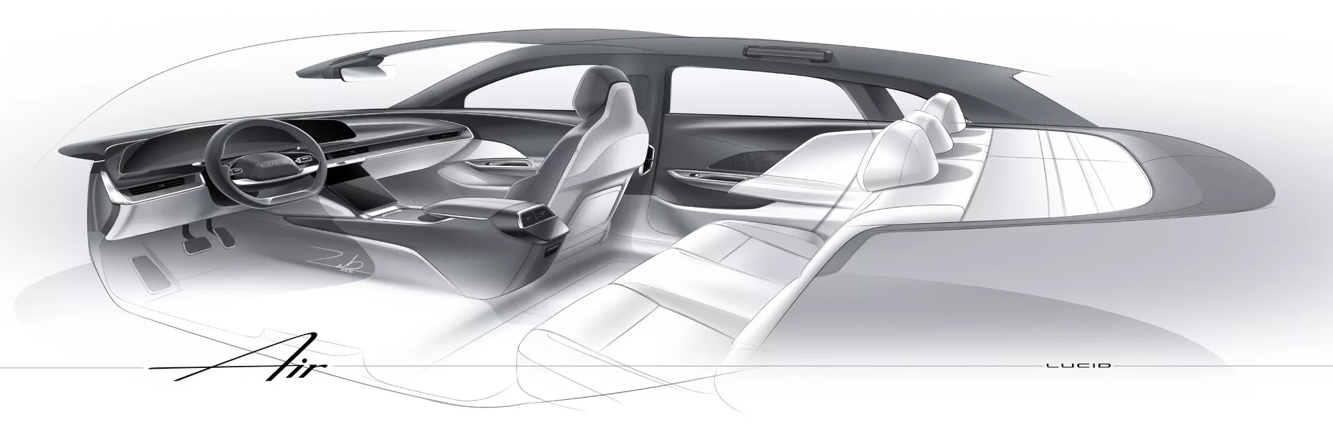 Esquisse de design conceptuel de l'intérieur de la Lucid Air 2022, présentant un tableau de bord élégant avec des contours fluides, un volant futuriste, quatre sièges ergonomiques de qualité supérieure, une console centrale étendue pouvant inclure des surfaces tactiles, porte conducteur ouverte sans montant B pour une meilleure accessibilité, grandes fenêtres pour une visibilité maximale, plancher plat typique des véhicules électriques, et marquage 'Air'. L'esquisse met l'accent sur un habitacle minimaliste, spacieux et moderne.