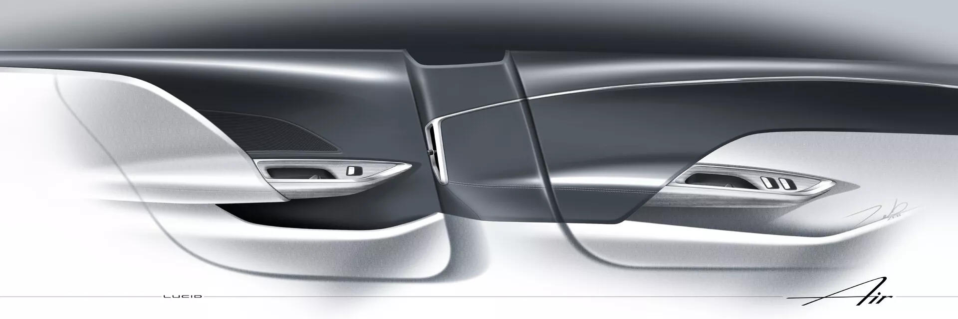 Rendu numérique stylisé de la Lucid Air 2022 (1ère génération), montrant une vue rapprochée du profil latéral axée sur des lignes élégantes et aérodynamiques. L'image met en avant le design moderne du véhicule, avec des poignées de portes affleurantes et des espaces subtils entre les panneaux, indicatifs de luxe et de technologie extérieure avancée. L'absence de rétroviseurs latéraux traditionnels suggère l'utilisation de systèmes de caméras arrière avancés. Cette illustration artistique souligne le design innovant et les matériaux de haute qualité de l'automobile.