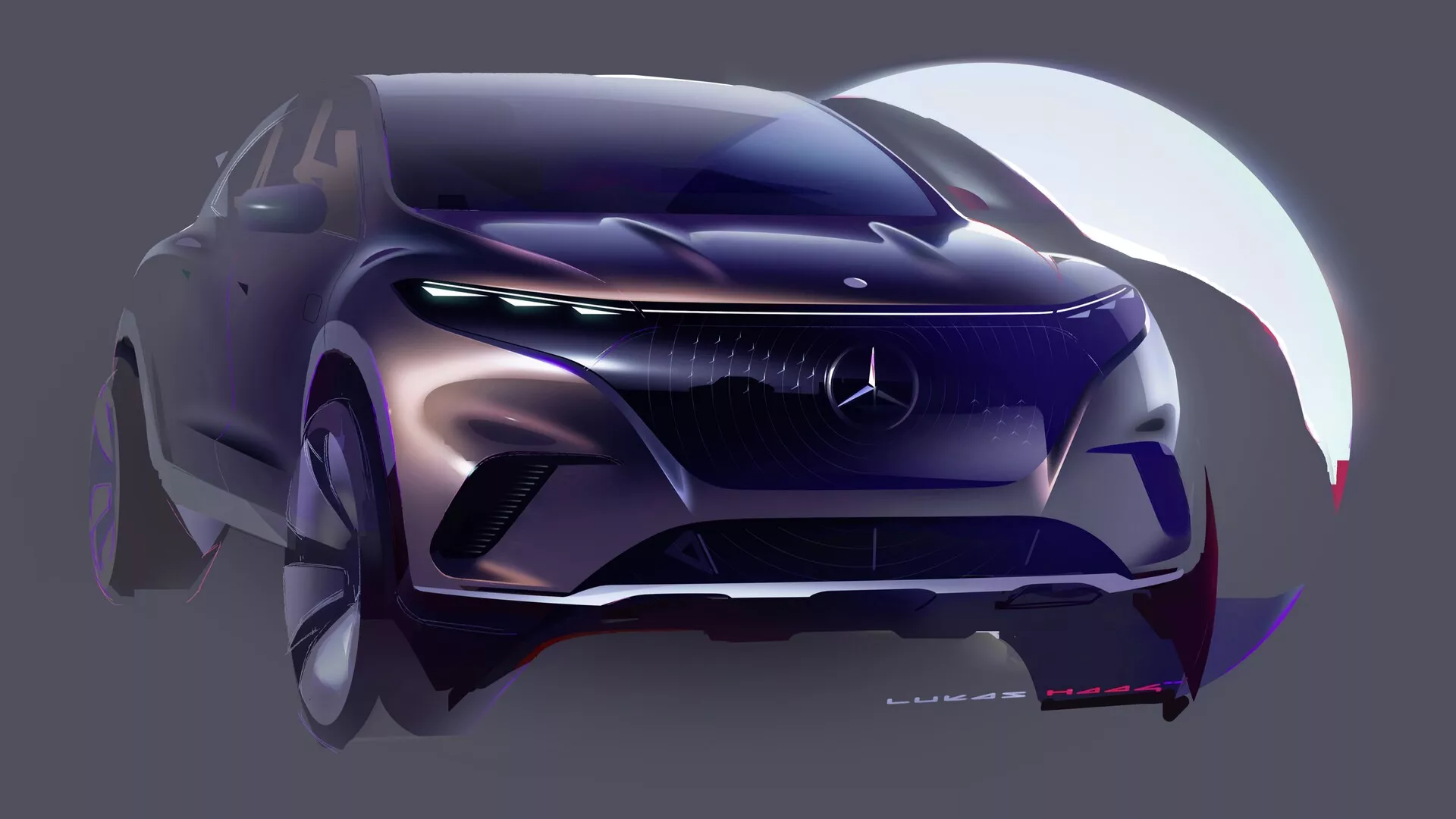 Vue trois quarts avant du Mercedes EQS SUV 2022 mettant en valeur sa calandre proéminente avec un effet tridimensionnel avancé, un design agressif du pare-chocs avec des prises d'air prononcées, des phares à LED, un capot sculpté avec des contours aérodynamiques et un flou dynamique de la roue avant sur un fond dégradé.
