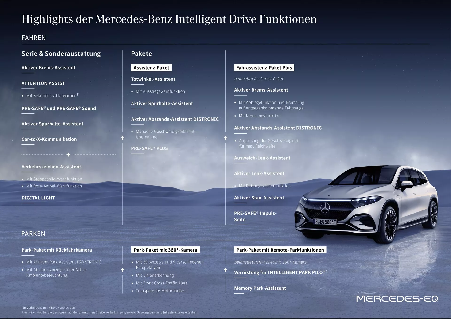 Image du Mercedes-Benz EQS SUV 2022 montrant une vue de trois quarts avant avec un angle dynamique. La calandre, les phares à LED, le capot, le pare-chocs avant et une partie du côté, y compris la porte du conducteur et l'aile avant, sont visibles. Les roues de la voiture sont légèrement tournées vers la droite, mettant en valeur le design élégant et la finition brillante. L'arrière-plan montre un paysage de montagne enneigé, suggérant aventure et luxe. Le texte à gauche décrit les caractéristiques du véhicule et les packs de technologies d'assistance.