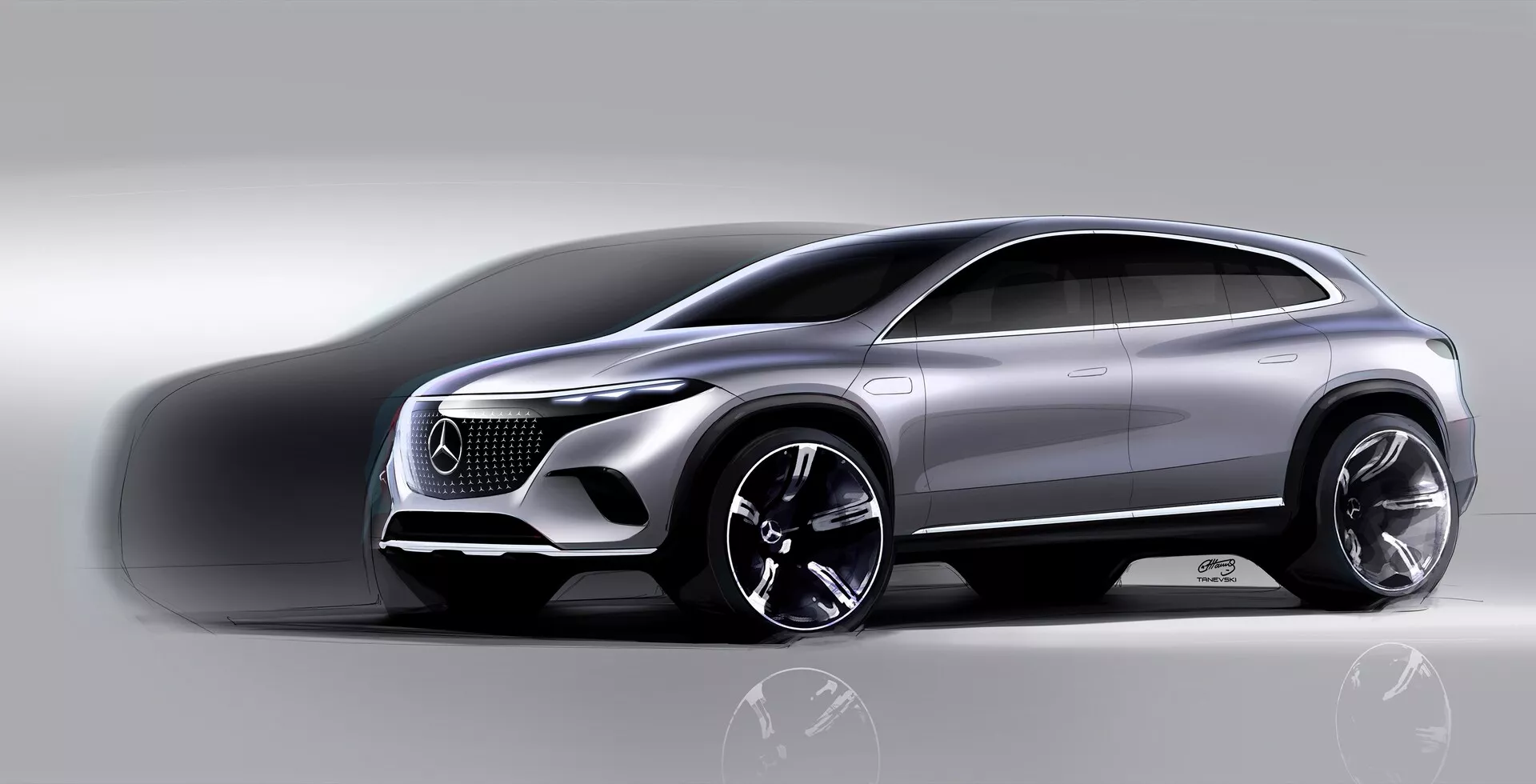 Mercedes EQS-SUV 2022 présenté en studio sous un angle de vue avant trois-quarts. Points forts comprennent une grande calandre proéminente, des phares à LED élégants, des capteurs indiquant des fonctionnalités autonomes, un profil aérodynamique avec une ligne de toit inclinée, une finition métallique et de grandes jantes en alliage. L'image vise à mettre en avant le luxe, la conception moderne et le potentiel de performance du véhicule.