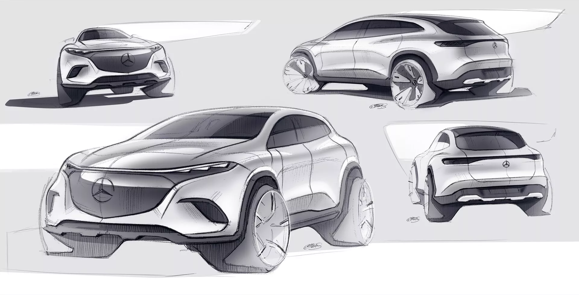 Esquisses conceptuelles du Mercedes EQS-SUV 2022 montrant une voiture moderne et futuriste sous différents angles. En haut à gauche, une vue dynamique de trois quarts avant mettant en avant la calandre avec un grand emblème Mercedes-Benz, des phares étroits et des roues aérodynamiques. En haut à droite, une vue latérale avec une ligne de toit fluide, des poignées de portes affleurantes et des arches de roue proéminentes. En bas à gauche, une vue de face montrant l'emblème et des phares étroits, avec de grandes prises d'air dans le pare-chocs. En bas à droite, un angle de trois quarts arrière avec des feux arrière élégants s'étendant sur toute la largeur du véhicule, un pare-chocs arrière distinctif et une silhouette fastback. Accent sur l'aérodynamisme et le design des véhicules électriques.