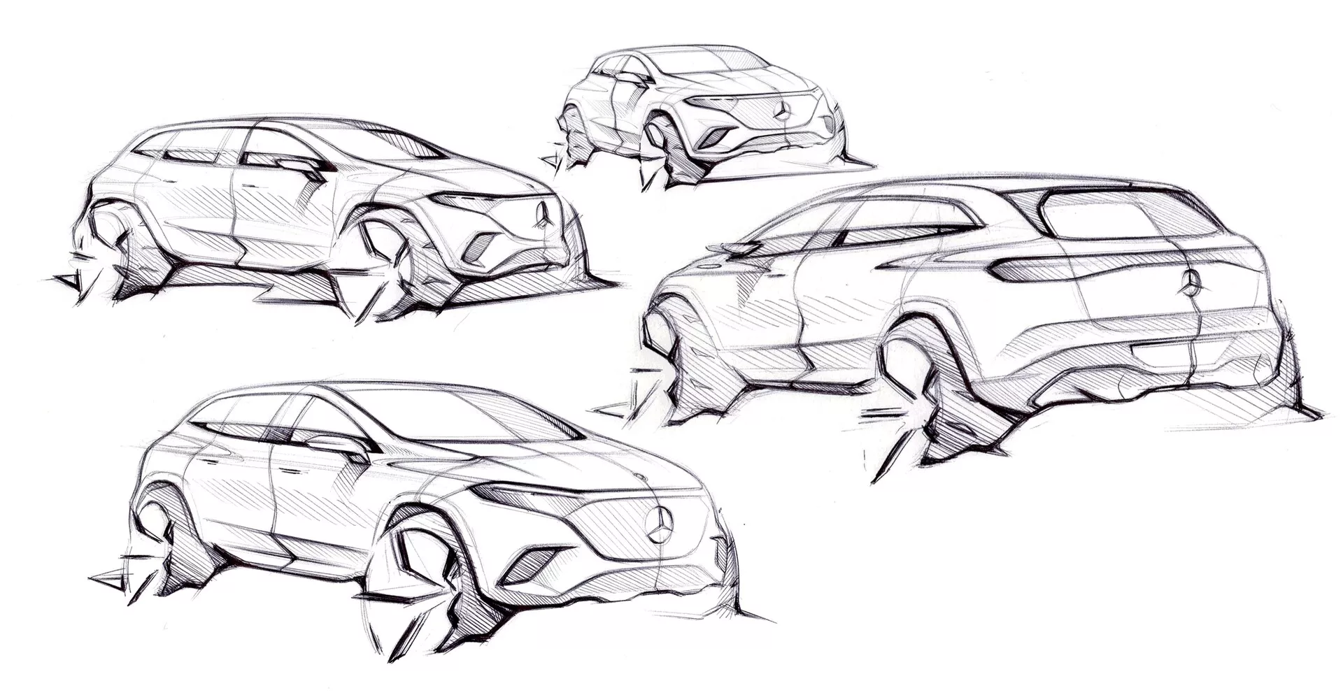 Croquis stylisés de la Mercedes EQS-SUV 2022 montrant différents angles et perspectives. En haut à gauche : vue de trois quarts avant d'un angle surélevé mettant en valeur la calandre avant, les phares et le design aérodynamique. En haut à droite : vue arrière de trois quarts depuis une perspective basse mettant en évidence les arches des roues arrière et les feux arrière. En bas à gauche : profil latéral représentant possiblement un SUV ou un crossover, accentuant la ligne des fenêtres et les arches de roues. En bas à droite : autre vue de trois quarts avant du SUV/crossover d'un angle surélevé mettant en valeur le capot, la calandre et les phares. Les croquis évoquent l'émotion et le langage du design plus que les détails techniques.