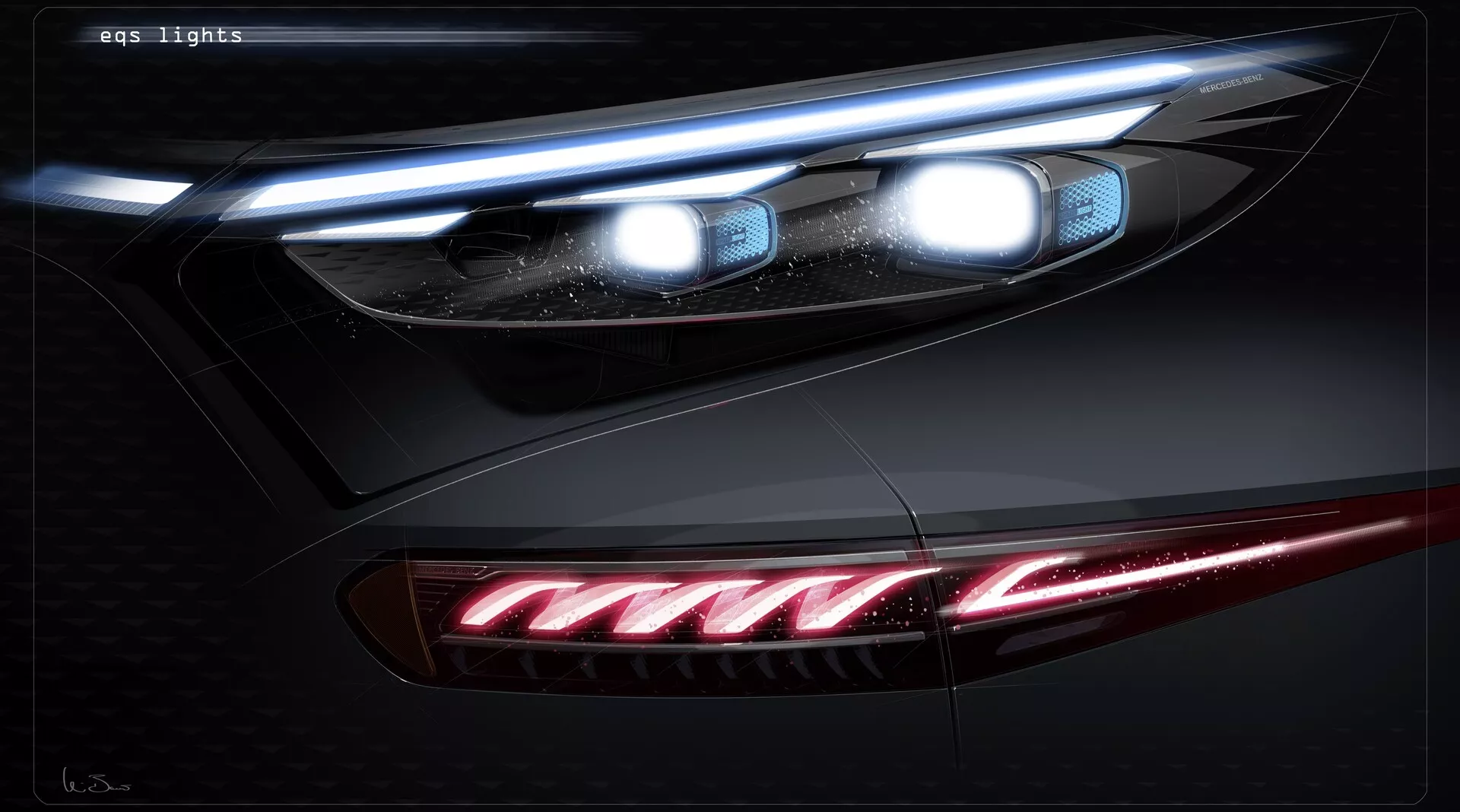Image en gros plan des phares et feux arrière du Mercedes EQS-SUV 2022, avec une technologie avancée LED ou laser aux contours nets distinctifs. Le phare comprend des feux de jour à LED intégrés en douceur dans la carrosserie, mettant en évidence un design haut de gamme. Le feu arrière, montré sous un angle arrière, présente des segments lumineux rouges à orientation horizontale prononcée, enroulant l'arrière du véhicule pour une meilleure visibilité. Image probablement améliorée numériquement pour du matériel promotionnel.