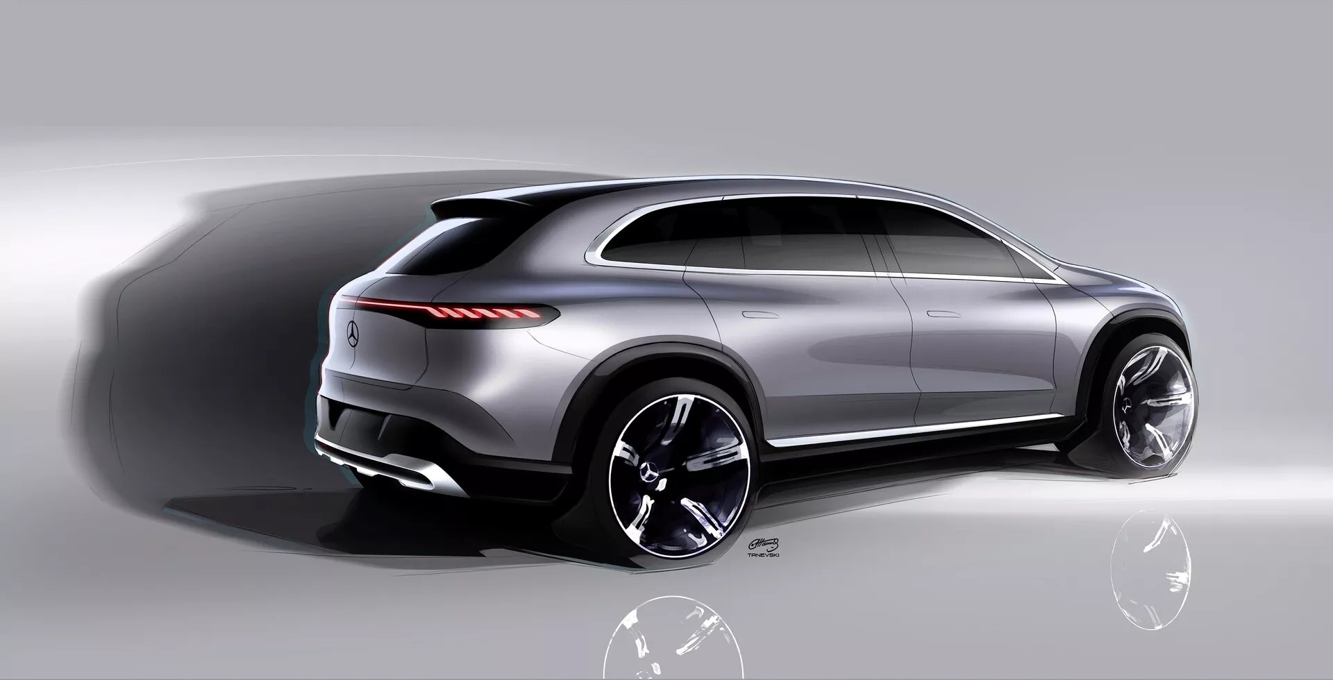 Vue arrière trois quarts d'un SUV Mercedes EQS 2022 moderne rendu numériquement, avec une silhouette sportive de type coupé, une peinture métallique, des roues en alliage stylisées à plusieurs rayons, des feux arrière à LED fins, une vitre arrière fortement inclinée avec un petit spoiler, une ligne de caractère distinctive sur le côté et des doubles échappements. Comprend un effet de mouvement flou suggérant la vitesse et les performances.