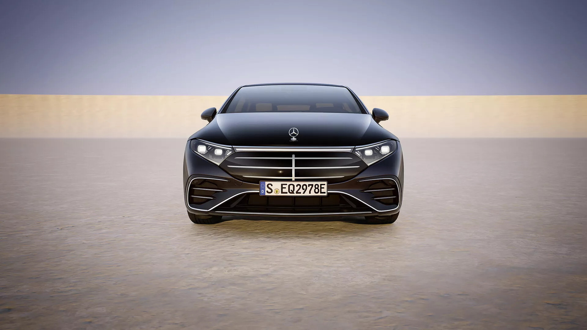 Modèle restylé Mercedes-Benz EQS 2024 présentant une vue frontale complète saisissante avec son capot élégant, grille proéminente avec des lamelles horizontales, phares LED avancés et entrée d'air inférieure orientée performance, contre un fond dégradé minimaliste soulignant le luxe et la technologie moderne.
