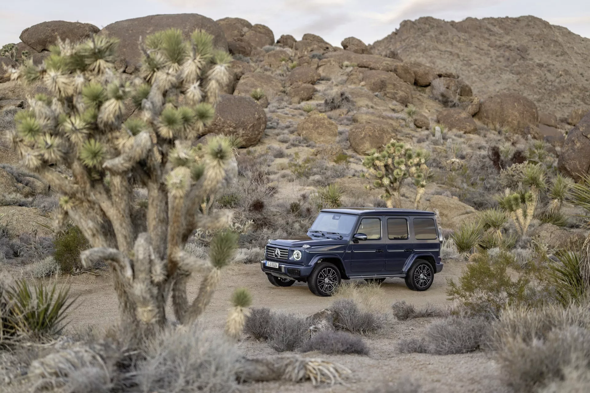 Mercedes-Benz Classe G 2024 (G 465) dans un cadre tout-terrain accidenté, présentant son design luxueux et carré, sa haute garde au sol et ses grands pneus tout-terrain sur un fond de désert naturel