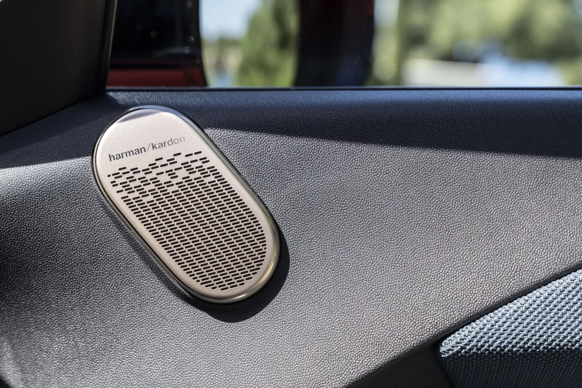 Grille de haut-parleur Harman Kardon dans le panneau de porte du Mini Aceman 2024 (JO5), mettant en valeur la forme ovale et le motif de maille fine, indicative d'un système audio haut de gamme