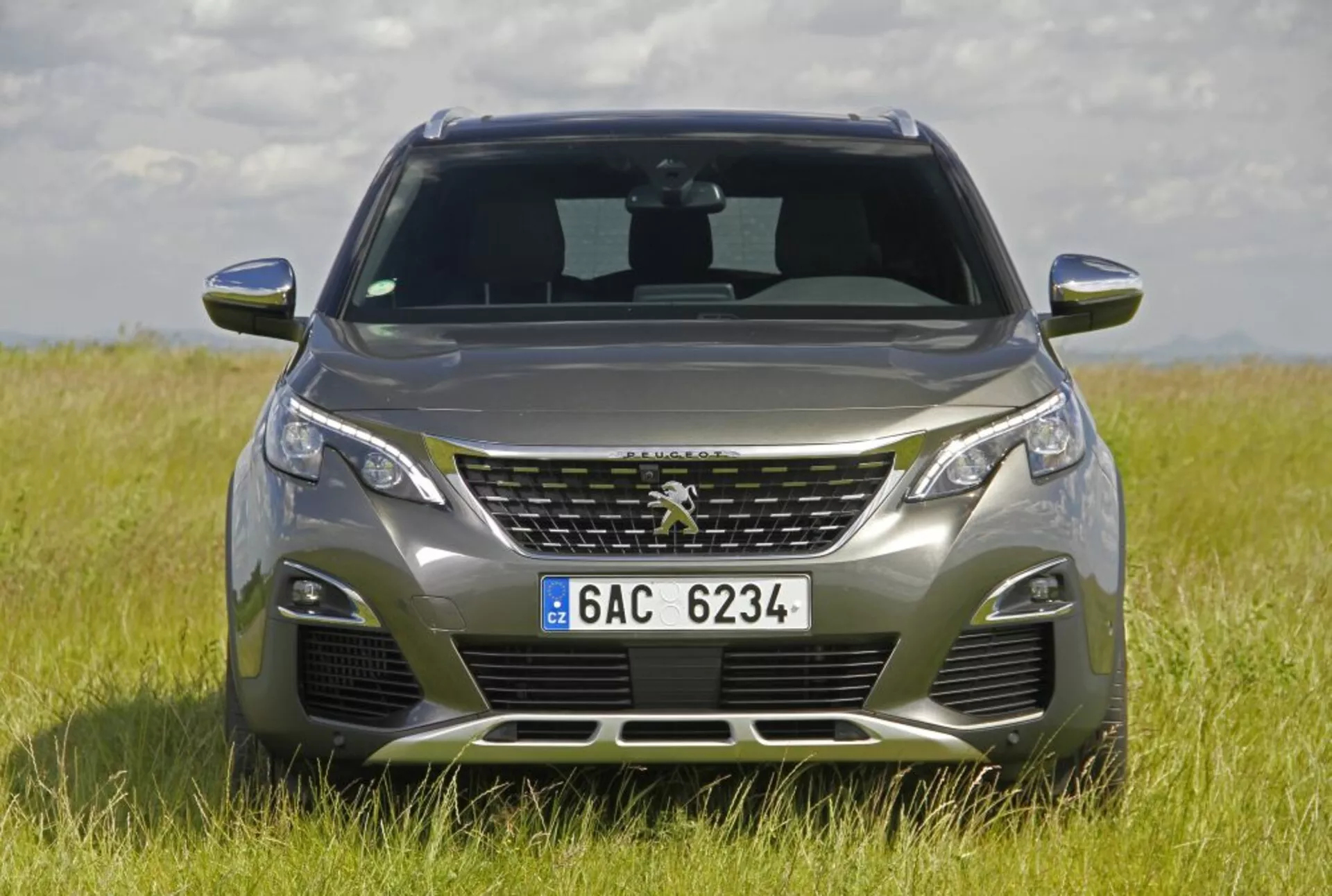 Peugeot 5008 2013 en vue frontale complète sur un champ herbeux ouvert, mettant en évidence la symétrie de son design avec un accent sur la grille avant, les phares LED et le capot aérodynamique