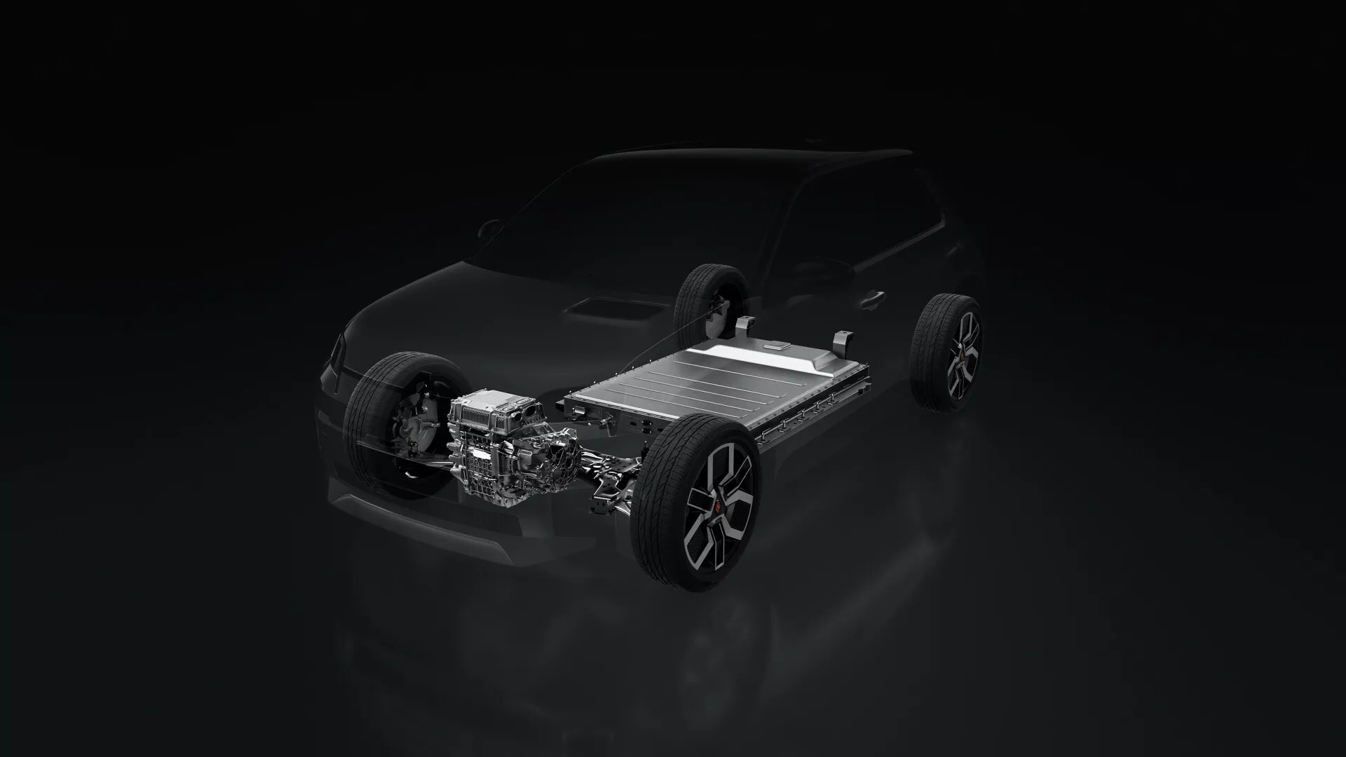 Renault R5 2024 mettant en avant la technologie de la voiture électrique avec châssis, groupe motopropulseur et roues visibles depuis une perspective avant et latérale