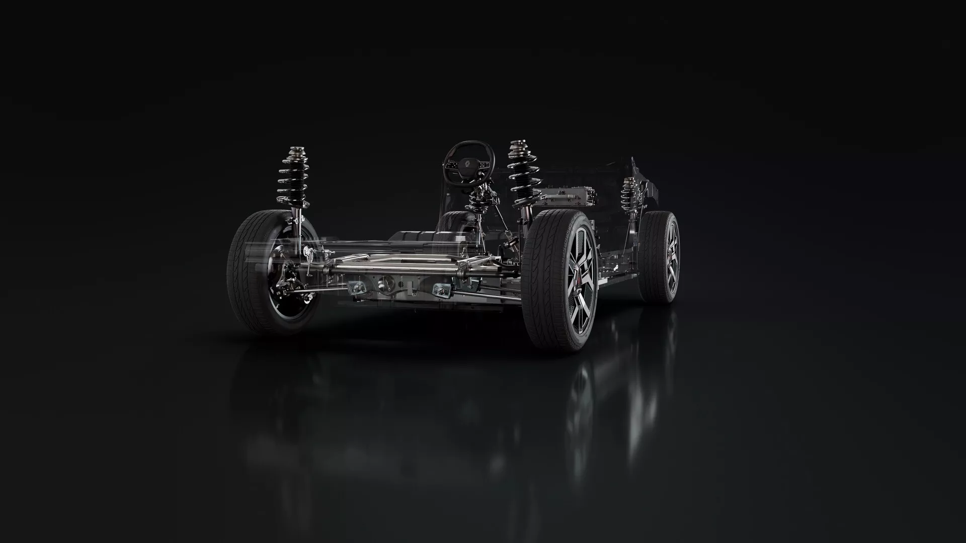 Vue du châssis de la Renault R5 2024 montrant une suspension indépendante, des roues en alliage, un système à propulsion arrière et des composants de transmission détaillés depuis une perspective frontale à trois quarts et angle bas