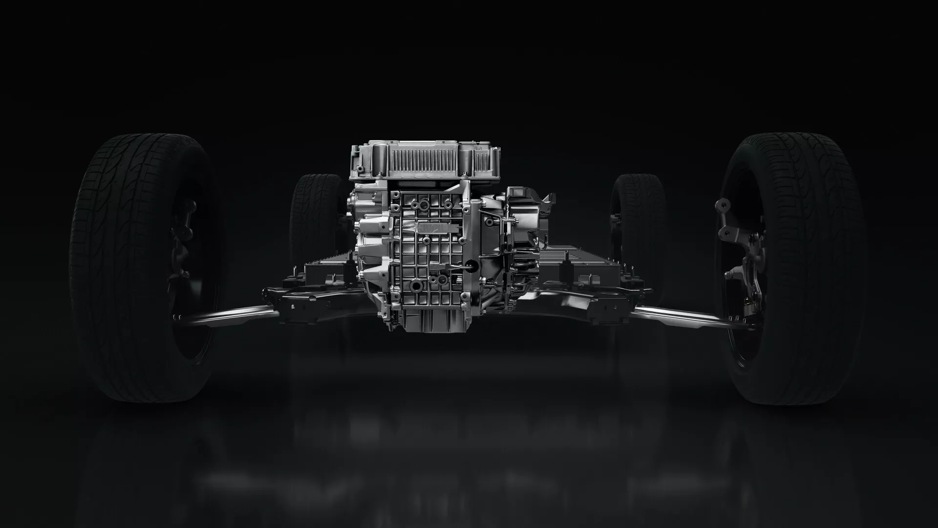 Vue arrière du châssis du Renault R5 2024 mettant en évidence les composants mécaniques et l'architecture de suspension dans un environnement sombre et high-tech