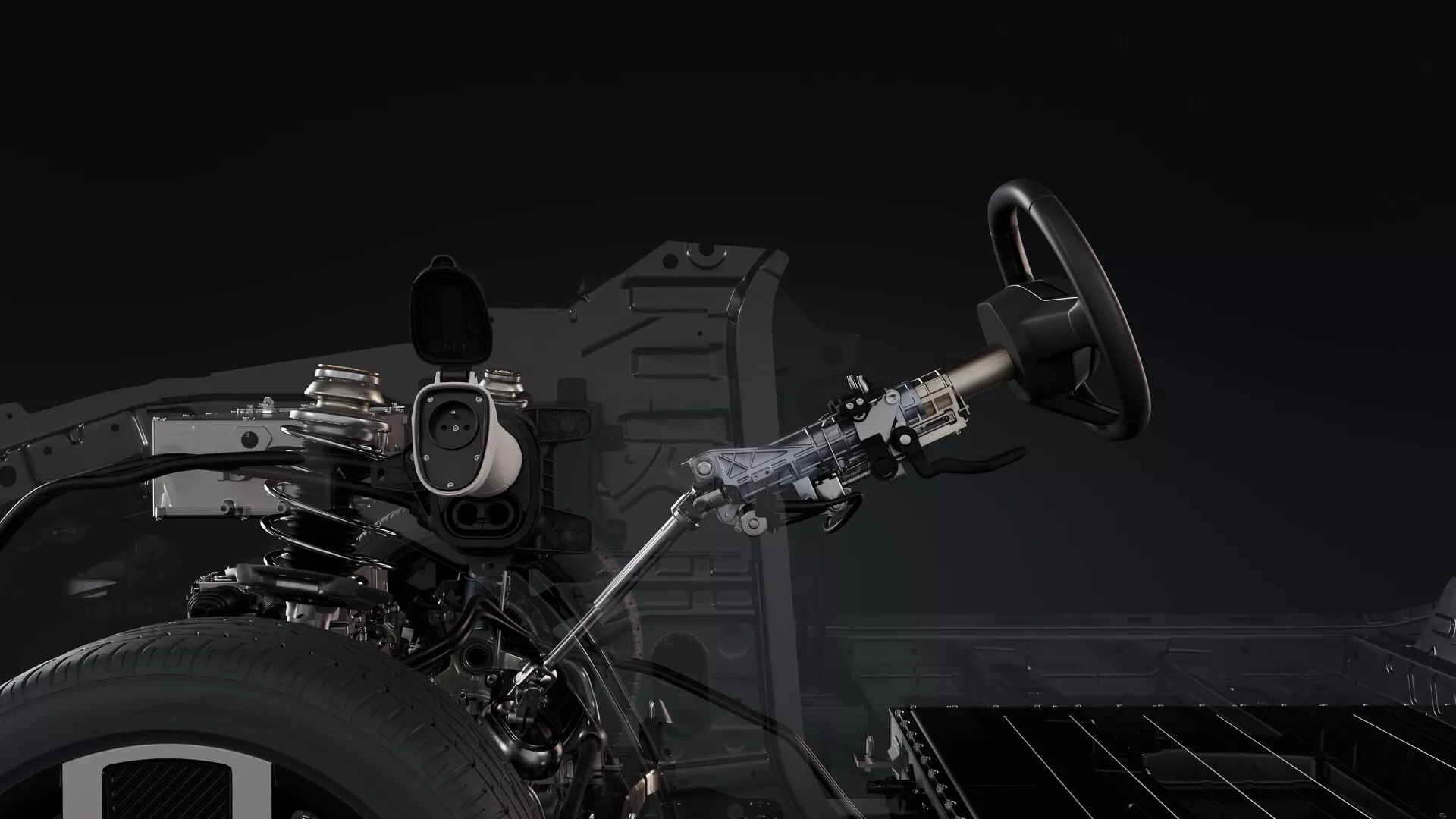 Image de la Renault R5 2024 dépeignant un moteur exposé, système de direction, roue avant équipée d'un pneu haute performance, châssis visible et système de freinage partiel sous un angle latéral, mettant en lumière les mécanismes internes à des fins éducatives ou promotionnelles dans un style désaturé, monochromatique qui rehausse les composants métalliques.