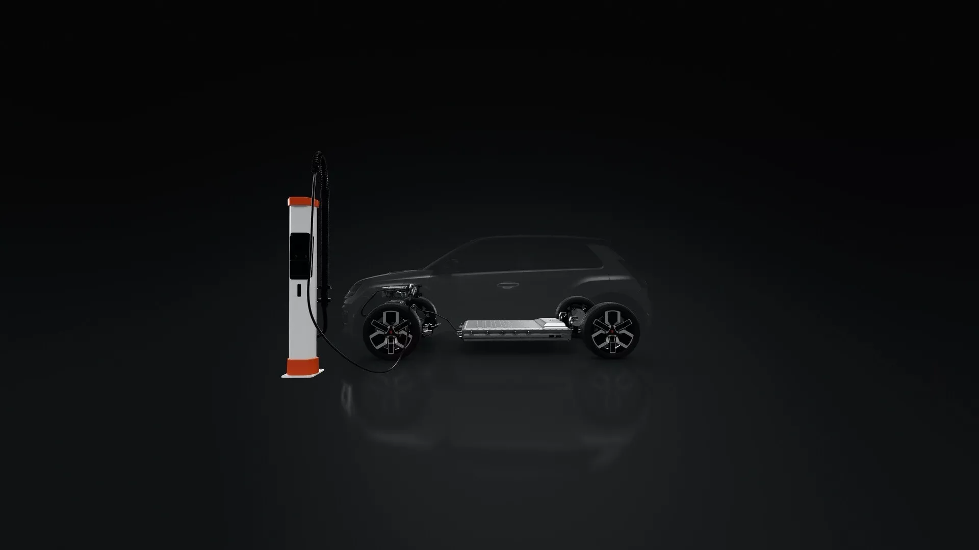 Véhicule électrique Renault R5 2024 de couleur foncée en charge vu de haut, montrant toit, capot, coffre et port de charge relié à une station de charge
