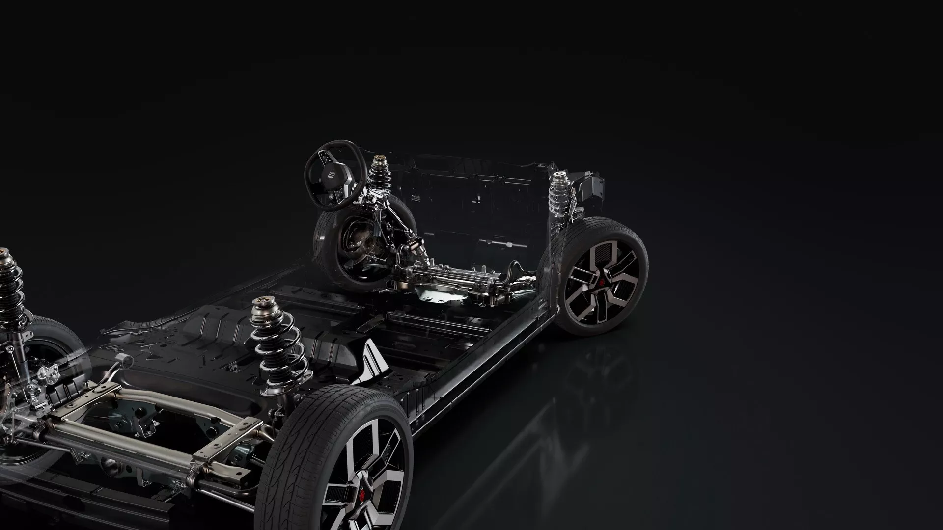 Vue latérale du Renault R5 2024 présentant un châssis transparent qui met en avant la mécanique interne et la structure sur fond sombre